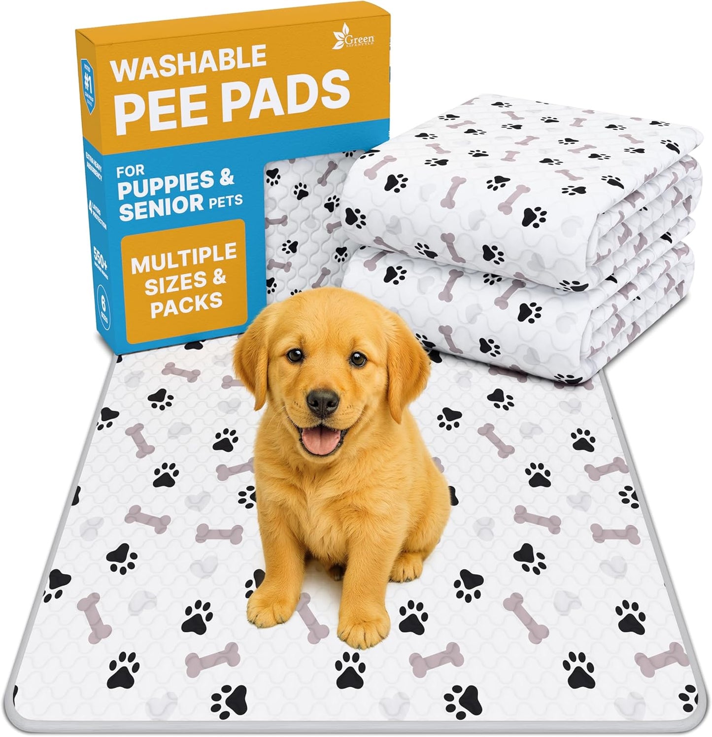 GREEN LIFESTYLE Washable Pee Pads for Dogs - Waterproof Reusable Puppy Pads with Anti-Slip Backing, Pet Training Pad for Puppy Playpen, Crate, Whelping Box, Potty Training (Pack of 4 - 30x34)