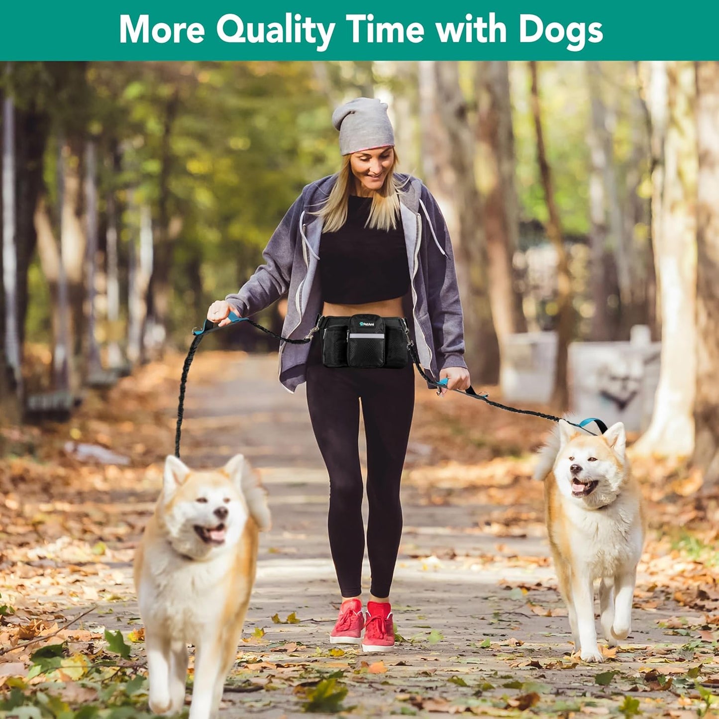 PetAmi Premium Hands Free Dog Leash for 2 Dogs, Adjustable Waist Belt Leash for Dog Walking, Fanny Pack Accessories Bag Dual Bungee Leash for Running, Hiking, Jogging, Biking, Black