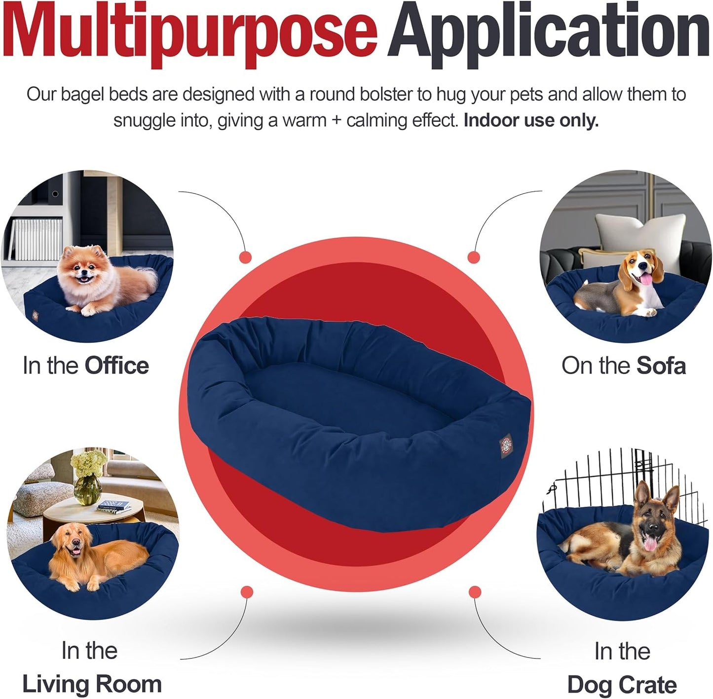 Majestic Pet 52 Inch Suede Calming Dog Bed Washable 52x35x11 (Inch) – Cozy Soft Round Donut Dog Bed with Spine Support for Dogs to Rest Their Head - Pet Bed X- Large – Navy (2025)