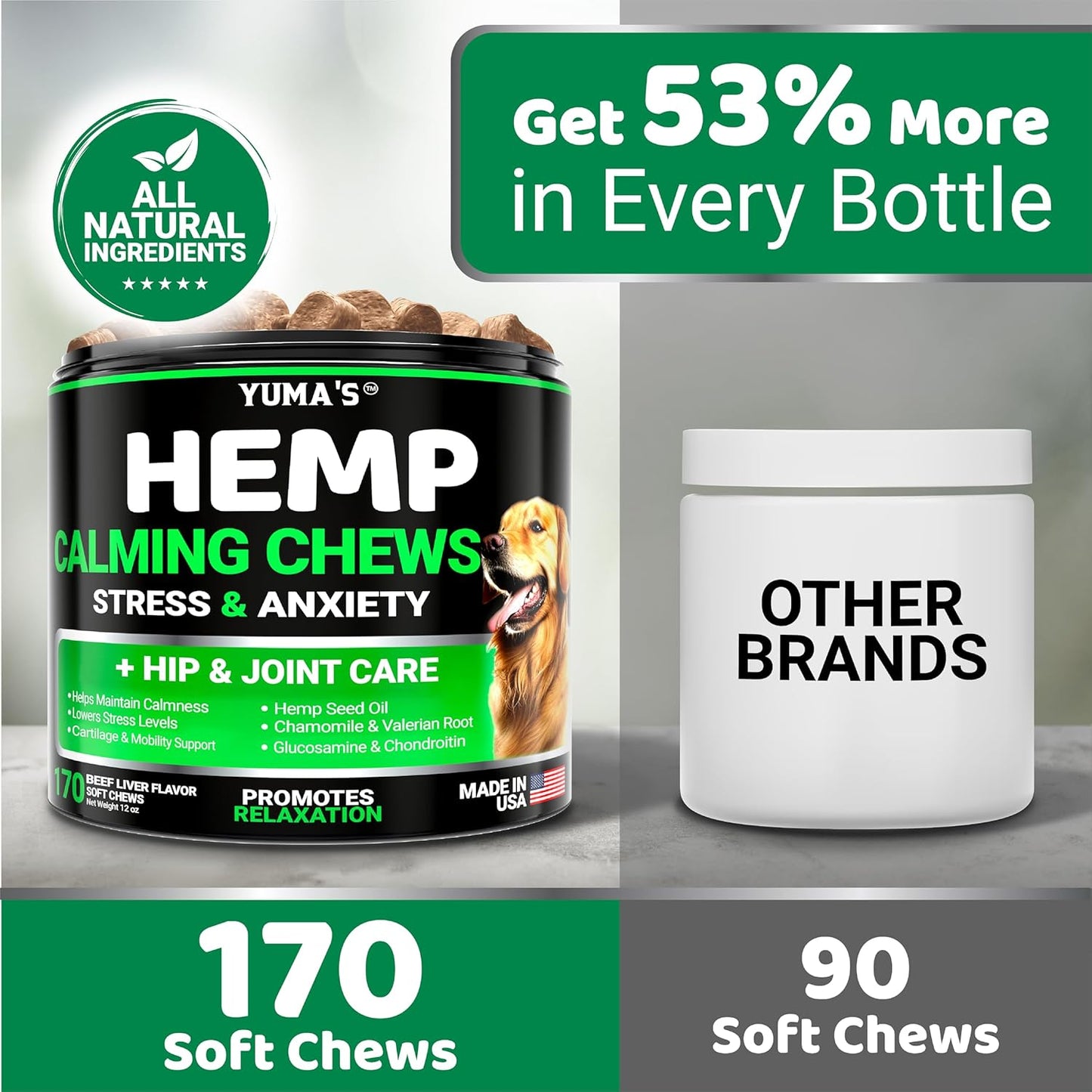Hemp Calming Chews for Dogs - Advanced Dog Calming Chews - 170 Treats - Anxiety Relief Treats - Hemp Oil - Separation Aid, Stress, Hip and Joint Supplement for Canine Health Support - Beef Flavor