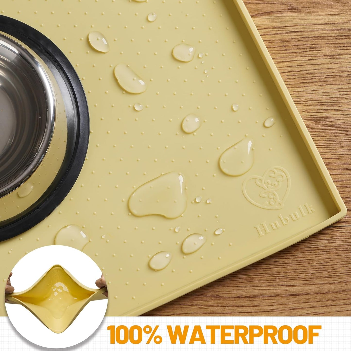 Hubulk Dog Feeding Mat,100% Waterproof Food Grade Silicone Pet Food and Water Bowl Placemat,Dishwasher, High Raised Edge to Prevent Spills,Nonslip Tray to Stop Messes on Floor (24"x16"x0.5", Yellow)