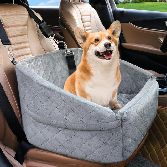 Dog Car Seat for Small Dogs,Detachable Washable Dog Booster Seat for Medium Dogs Under 30lbs, Pet Car Seat Travel Bed with Storage Pockets and Dog Safety Belt (Grey)