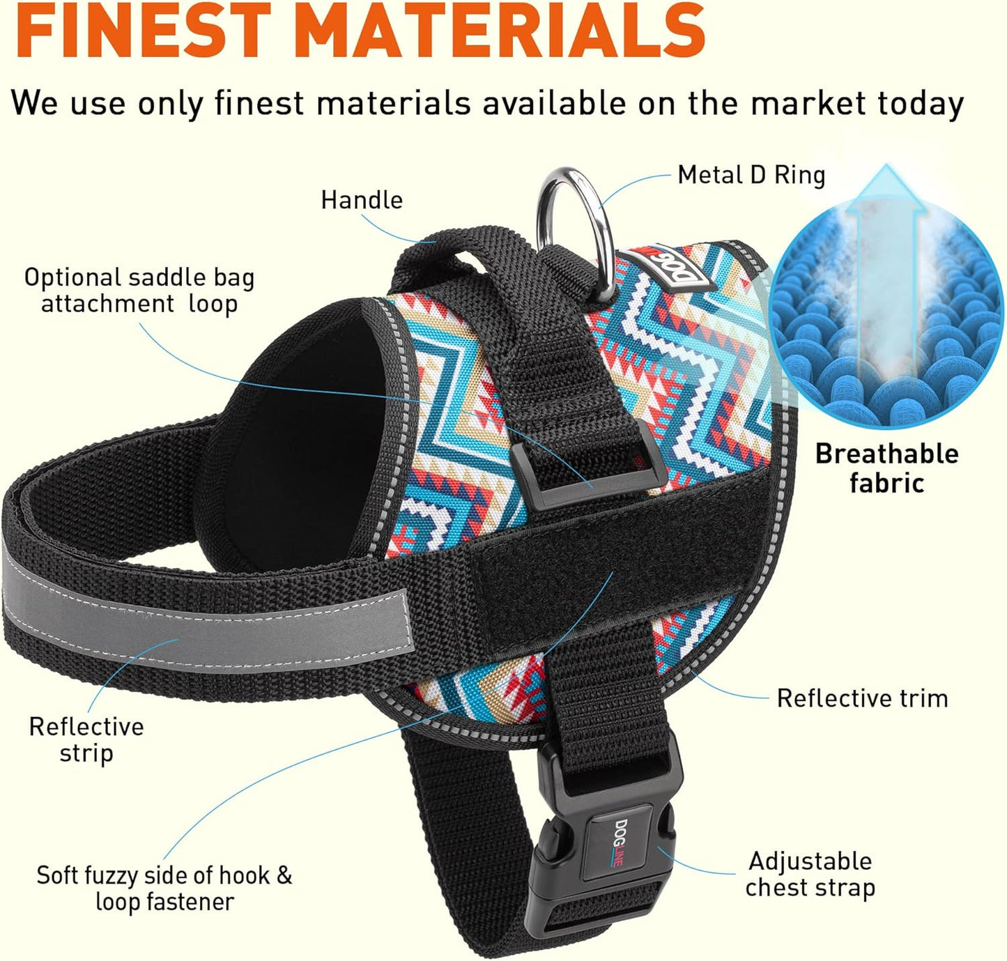 Dogline Dog Harness, Reflective No-Pull Adjustable Vest with Handle for Walking, Training, Breathable, No - Choke Harness for Small, Medium or Large Dogs Room for Patches Aztec Design 2 XS 15"-18"