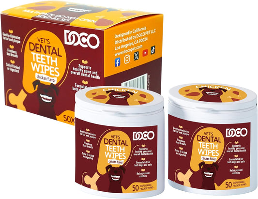 DOCO Dog Teeth Cleaning Wipes Dental Finger Wipes for Cats & Dogs Remove Plaque & Tartar, Freshen Breath, No Rinse, Easy & Effective Pet Tooth Cleaning Kit for Oral Care, Chicken Flavor, 100 Count