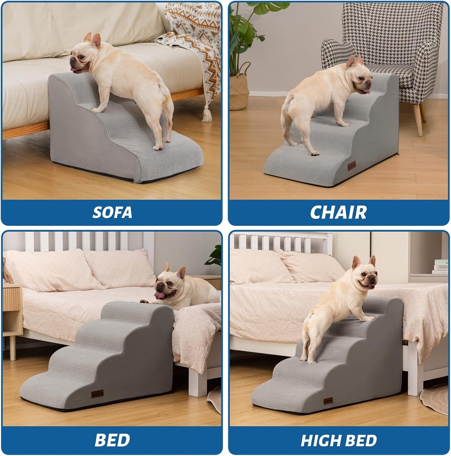 5-Step Dog Stairs and Ramp for High Bed, Non-Slip Sturdy Pet Steps for Small Dogs and Cats,22.2" H,Light Grey