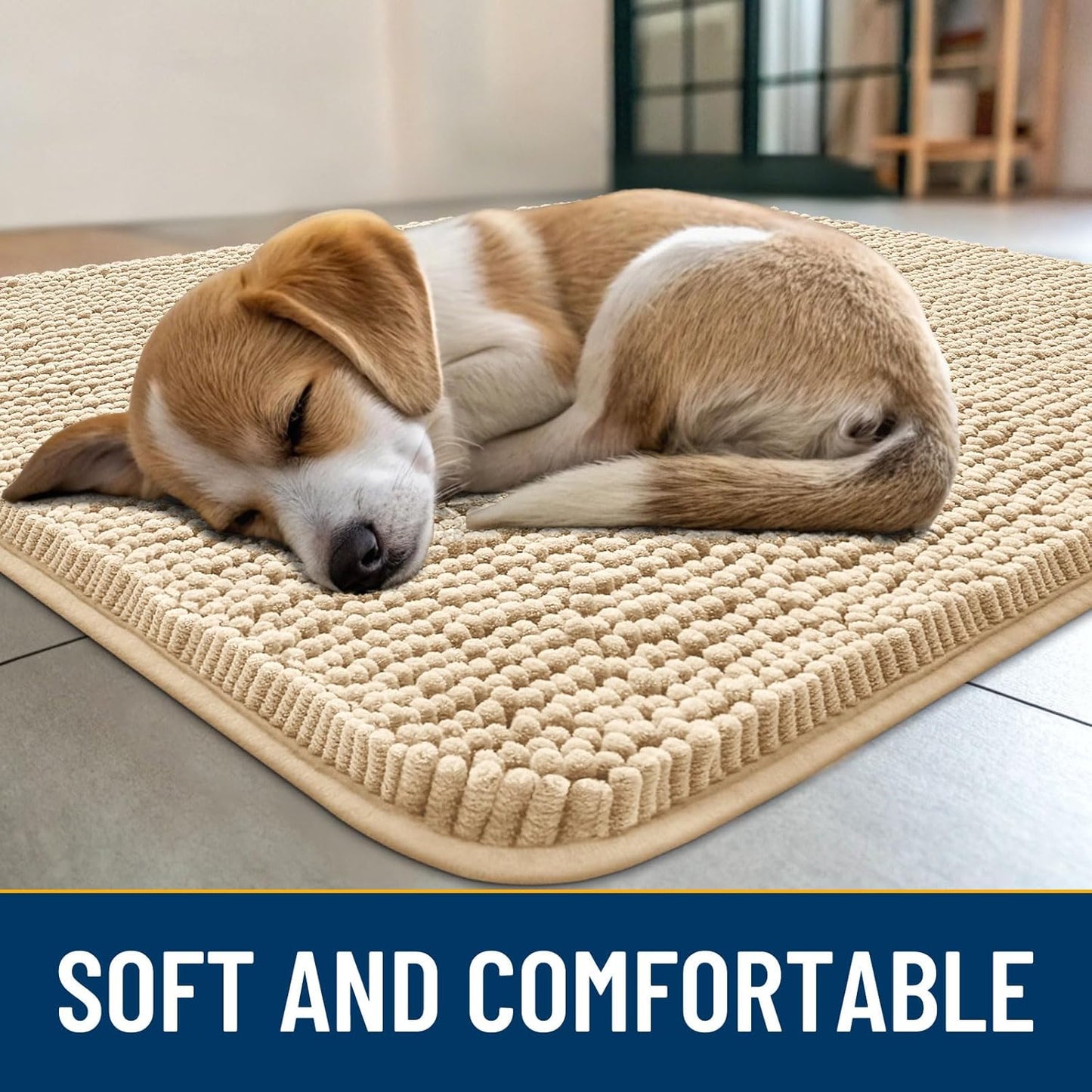 Smiry Dog Door Mat for Muddy Paws 47x17, Absorbs Moisture and Dirt Doormat, Non-Slip Washable Quick Dry Chenille Front Door Mat Indoor Entrance, Entryway Carpet for Inside Floor, Beige