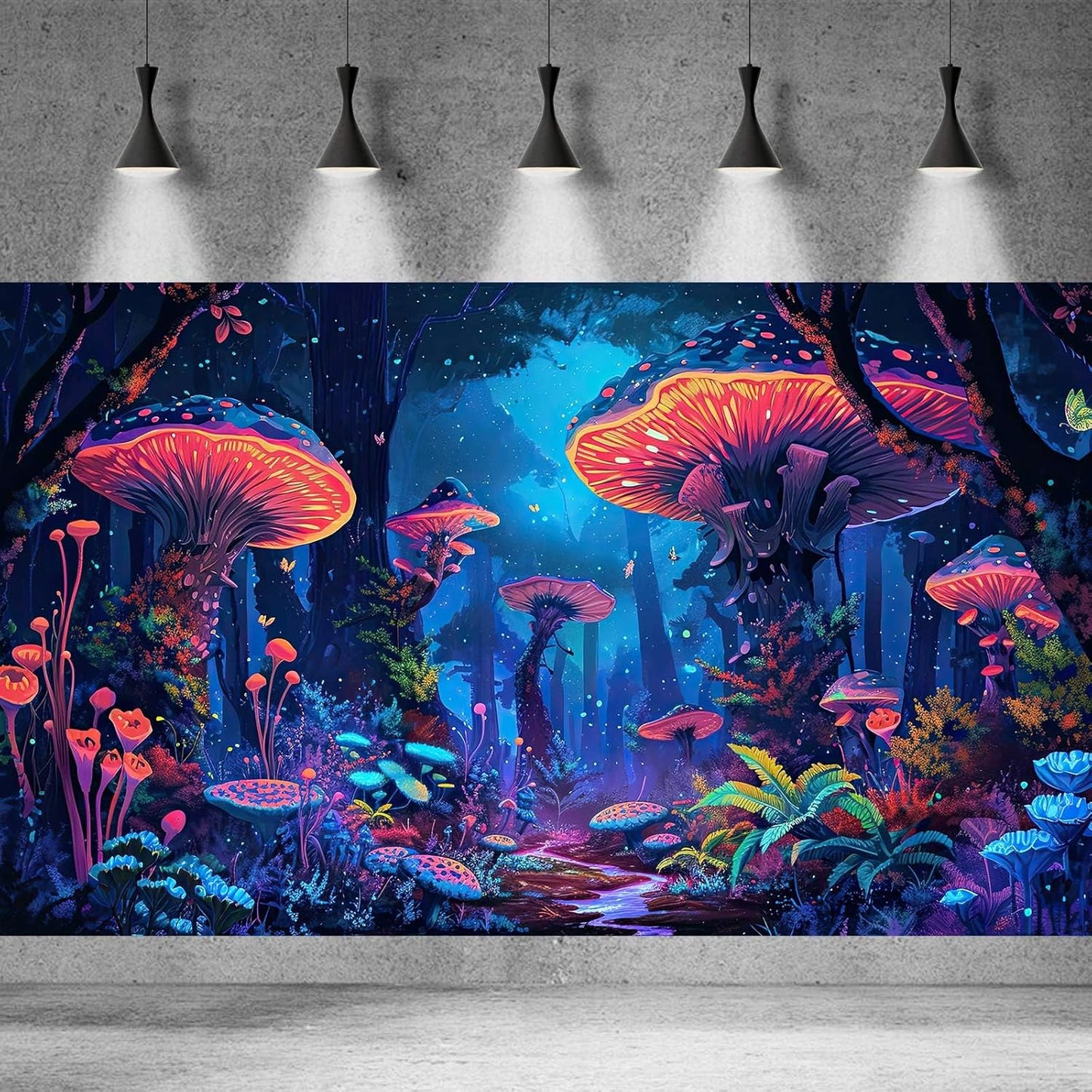 Mushrooms Aquarium Background Fantasy Bright Flowers Butterflies Fish Tank Backdrop Decoration Poster Trippy Wonderland Landscape with Giant Mystical Mushrooms Terrarium Background Decor 48x24in