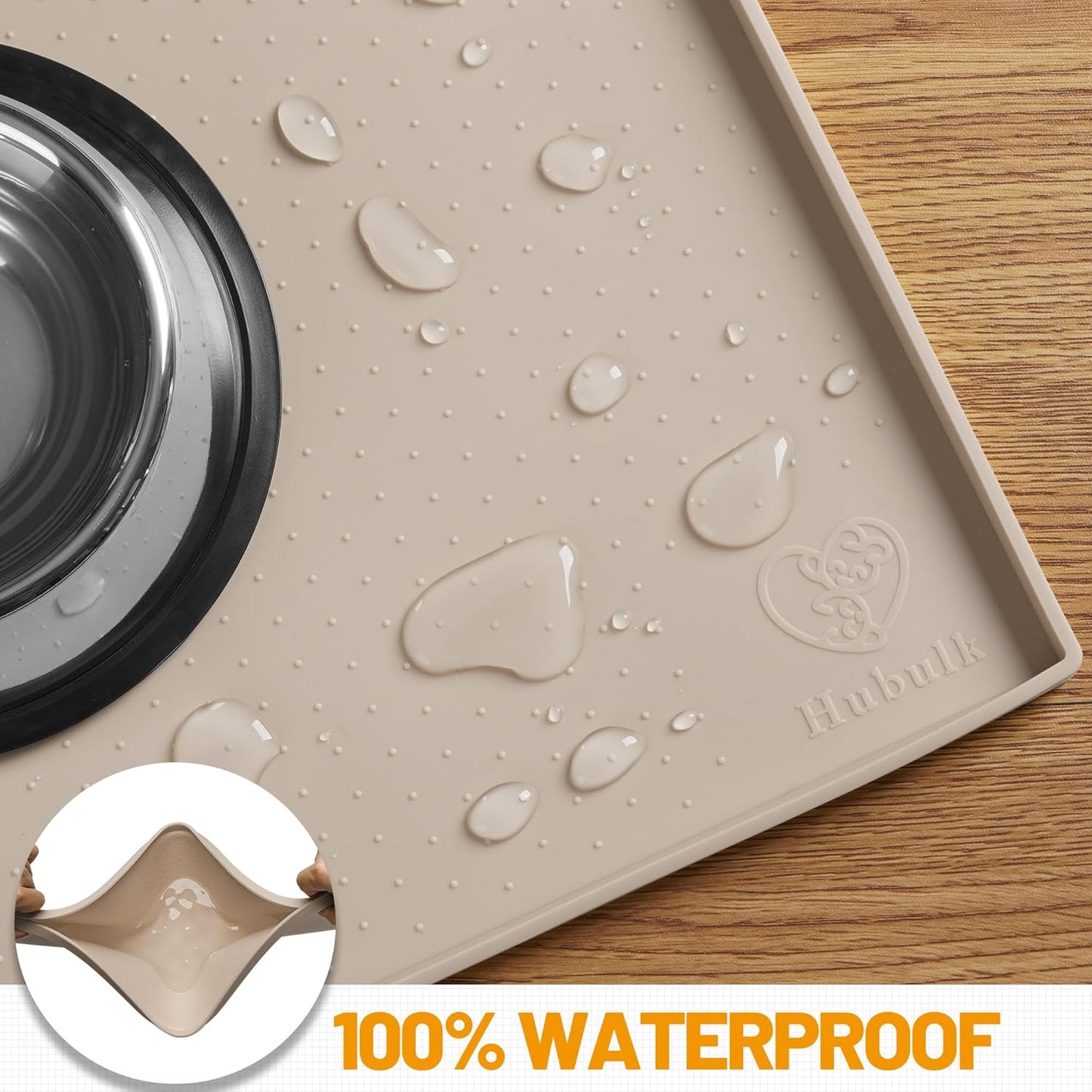 Hubulk Dog Feeding Mat,100% Waterproof Food Grade Silicone Pet Food and Water Bowl Placemat,Dishwasher, High Raised Edge to Prevent Spills,Nonslip Tray to Stop Messes on Floor（28"x18"x0.8", Taupe）