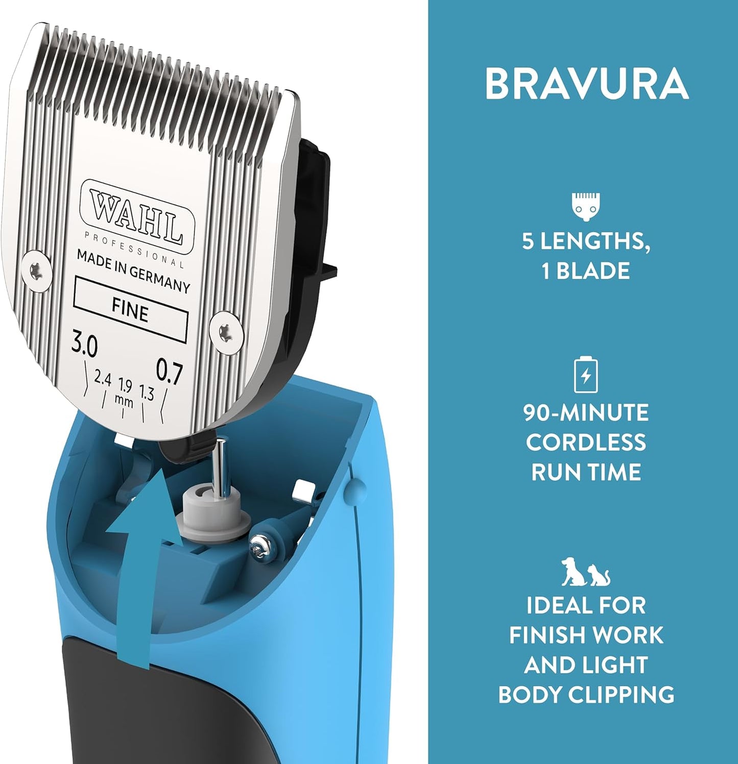 WAHL Professional Animal Bravura Lithium Ion Clipper - Pet, Dog, Cat, and Horse Corded/Cordless Clipper Kit, Turquoise (41870-0438)