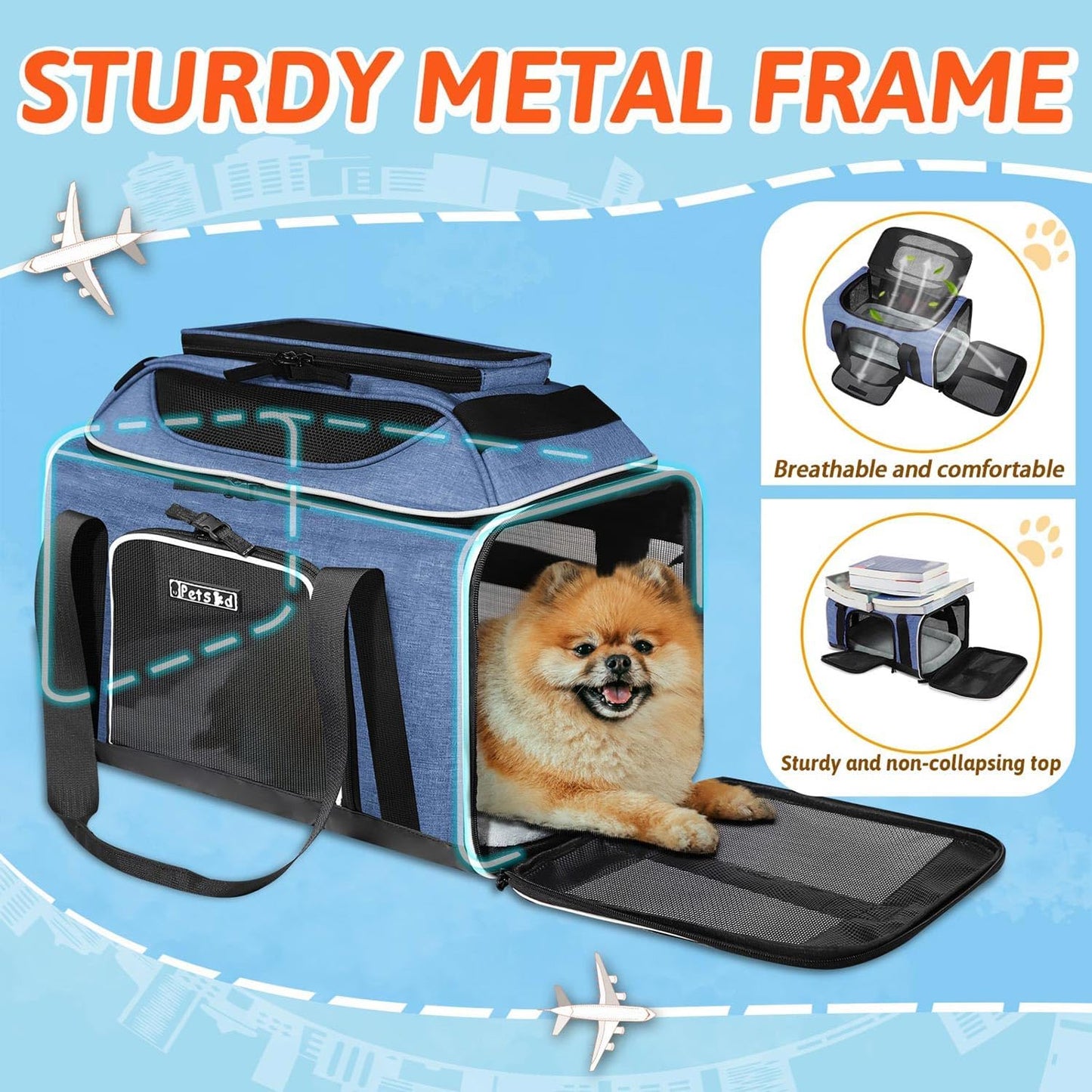 Petskd Top-Expandable Pet Carrier 18x11x11 Inches Delta American United Airline Approved, Soft-Sided Carrier for Small Cats and Dogs with Locking Safety Zippers and Anti-Scratch Mesh(Blue)