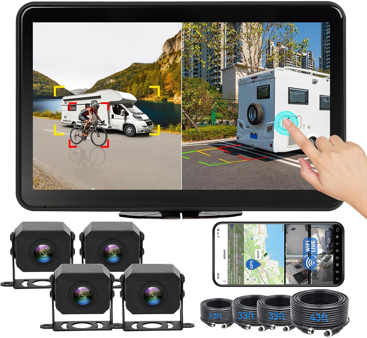 4CH 10.1 inch AI WiFi GPS RV Backup Camera Monitor System with Touch Screen and 4x1080P Waterproof Night Vision Cameras, Blind Spot Detection DVR Video Recorder for Truck Trailer Semi Camper Van Taxi