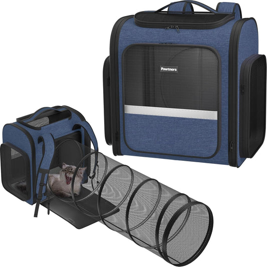 Pawtners Cat Carrier Backpacks Expandable Pet Backpack with Breathable Mesh, Pet Carrier Backpack for Cats Small Dogs Puppies Up to 18 Lbs, Dog Carrier Backpack for Travel Hiking Camping Outdoor Blue