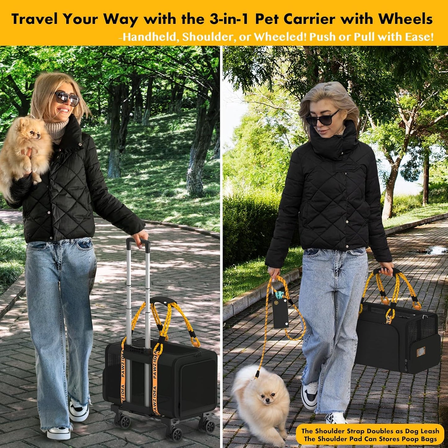 PAWZIDEA Pet Carrier with Wheels, 18x11x11 TSA Airline Approved Cat Carrier for 2 Cats Under Seat, Expandable Soft-Sided Rolling Dog Carriers for Small Dogs Travel Bag with Telescopic Handle, Black