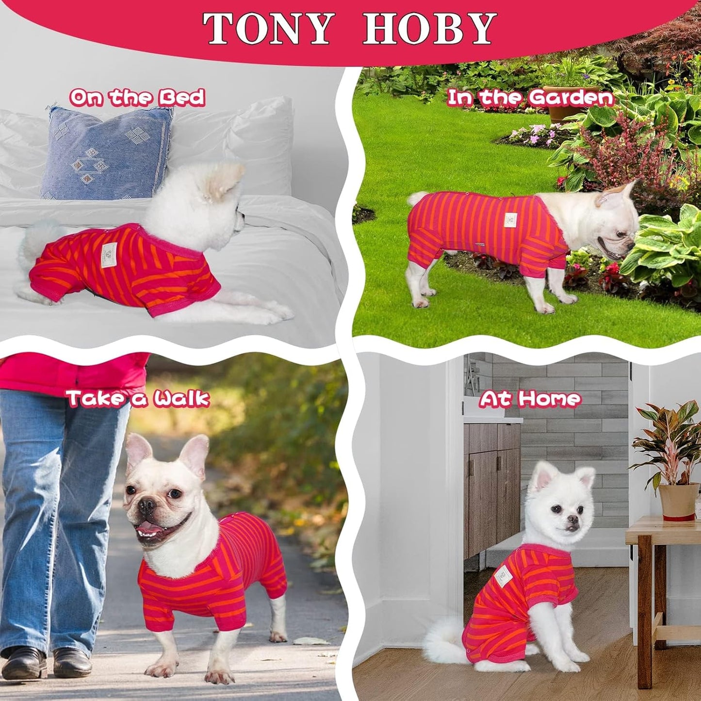 TONY HOBY Dog Pajamas, Female/Male Dog 4 Legged Pajamas, Soft Cotton Dogs Jumpsuit with Stripes (Rose Red&Orange, Girl, L)
