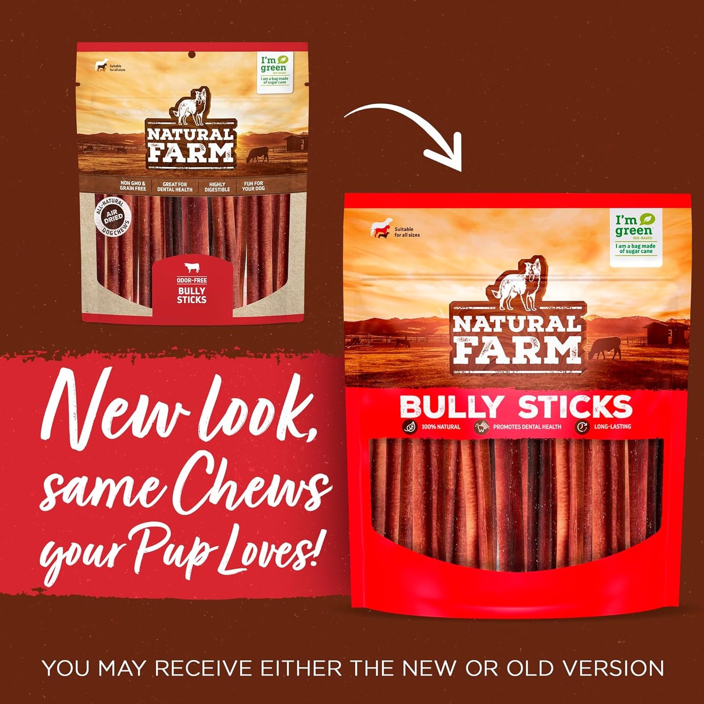 Natural Farm Odor-Free Jumbo Bully Sticks, (6 Inch, 2 Pack), Extra-Thick Chews for Dogs, Fully Digestible 100% Beef Treats, Great for Dental Health, Keep Your Dog Busy with 50% Longer Lasting Chews