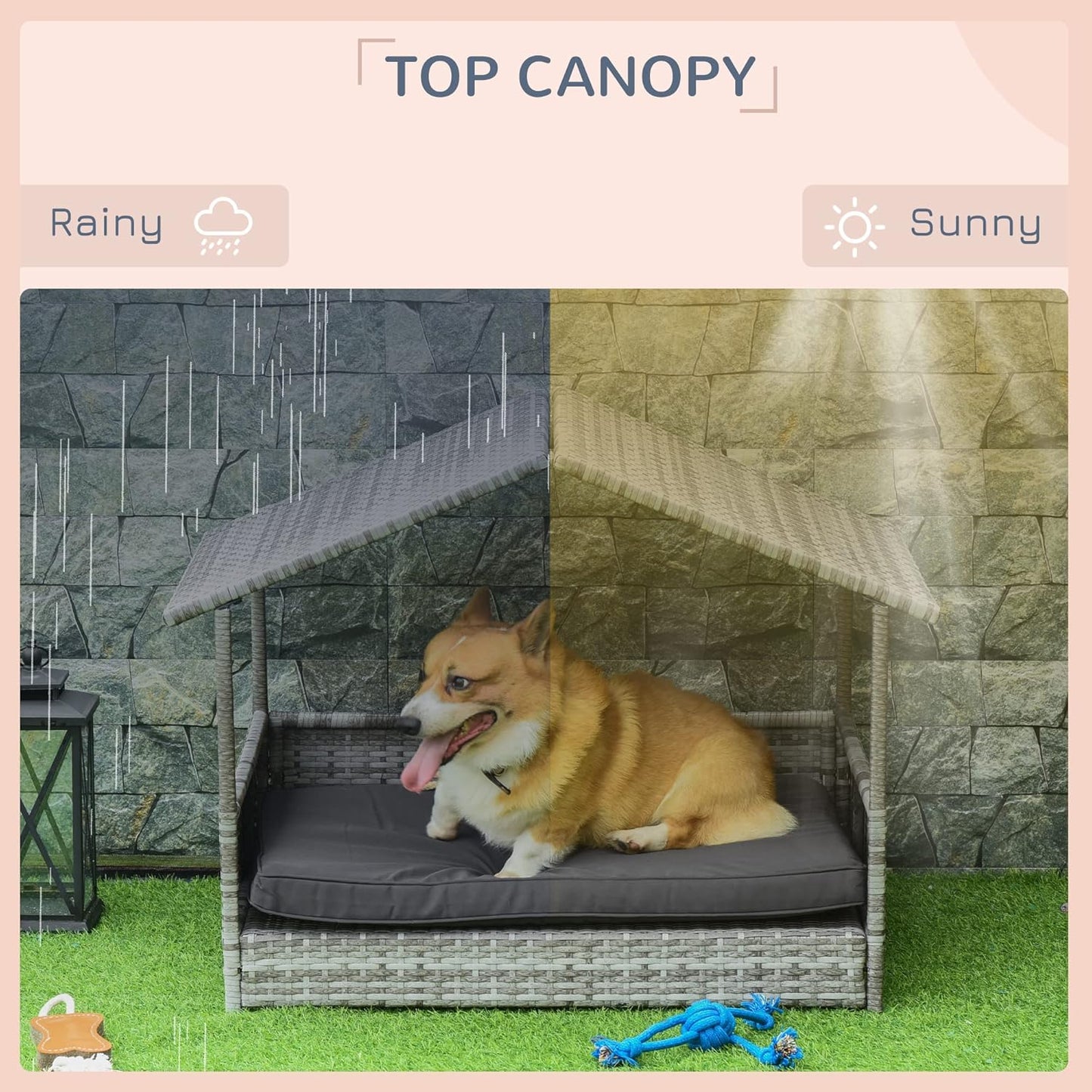 PawHut Wicker Dog House Outdoor with Canopy, Rattan Dog Bed with Water-Resistant Cushion, Raised Dog Bed for Small, Medium Dogs up to 66 lbs, 19.75" in Length, Gradient Gray Wicker & Cushion