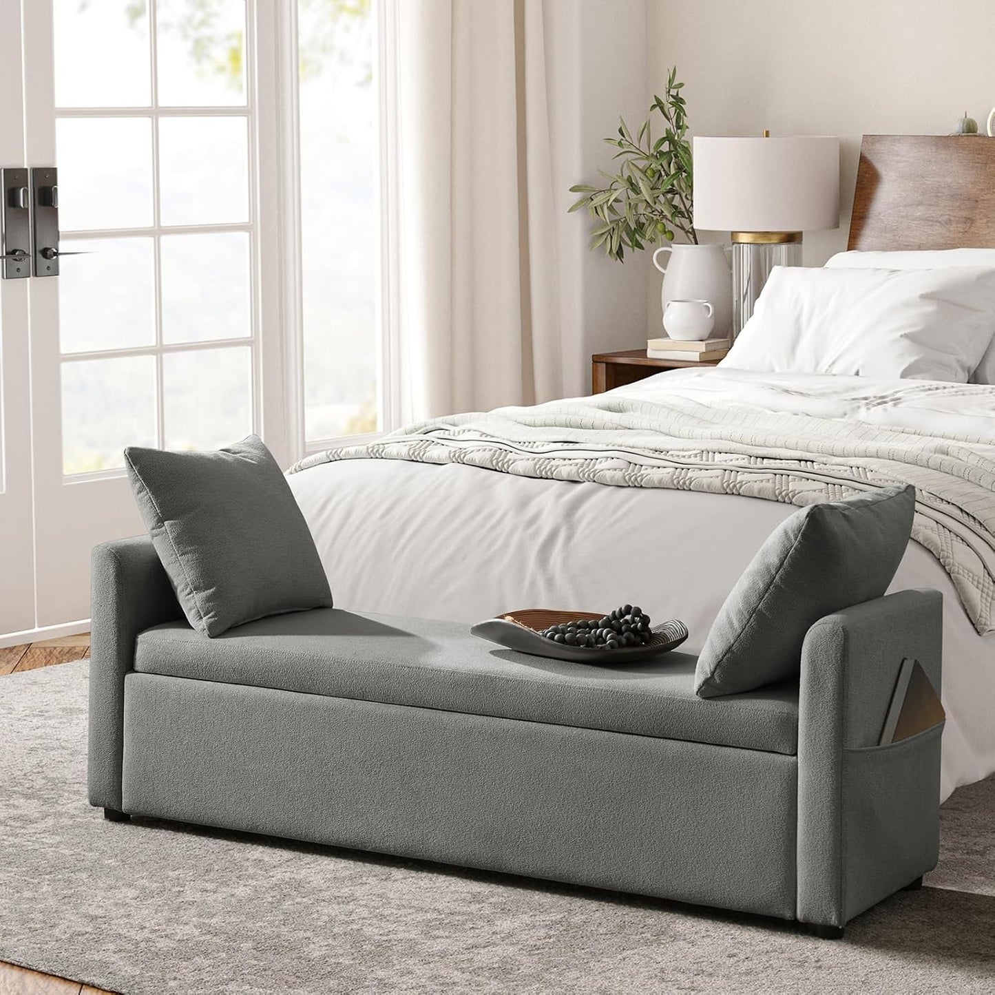 HULALA HOME Modern Storage Ottoman Bench with Throw Pillows, 59" Extra Long End of Bed Bench with Storage Pocket, Comfy Upholstered Footstool for Bedroom Entryway Living Room, Charcoal