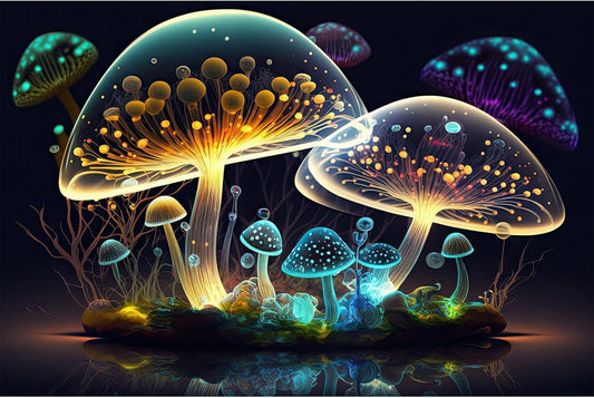Mushroom Aquarium Background Abstract Glowing Fantasy Mushrooms Terrarium Background Mysterious Forest Magical Night In Circle Shape Crystal Glass Fish Tank Backdrop Decorations Vinyl 72x24in