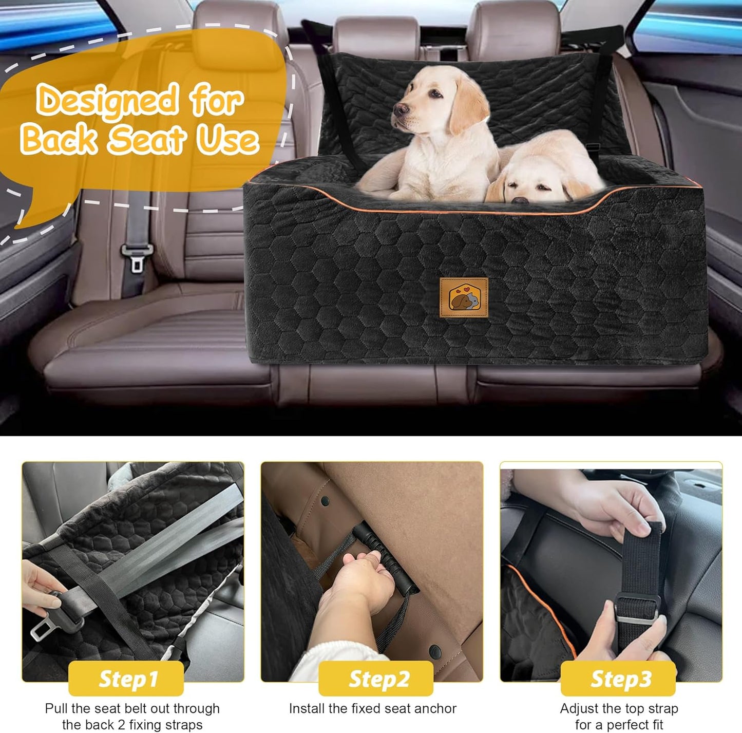 Dog Car Seat for Medium/Large Dogs, Washable Dog Booster Seat Under 60 lbs or 2 Small Dogs, Multi-Functional Pet Car Seat with Thick Cushion, 2 Safety Leashes (Black)
