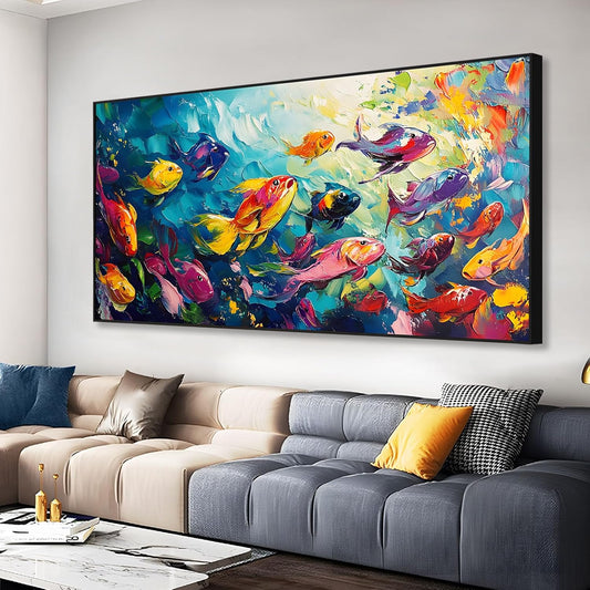 School of Fish Printed Canvas Wall Art – Framed Abstract Ocean Print – Vibrant Fish Wall Decor for Living Room, Bedroom, Office (Black Framed, 47"x23"|120x60cm)
