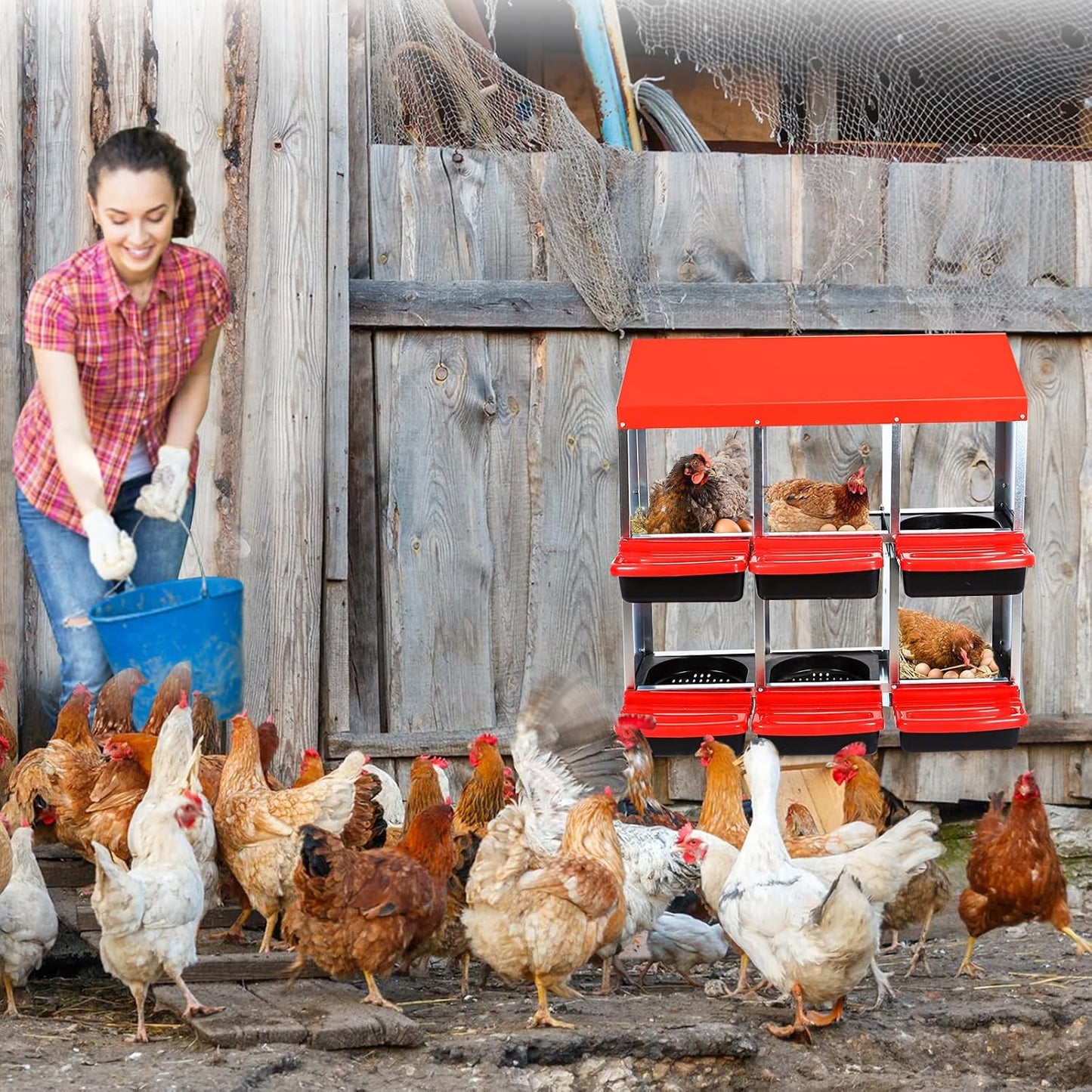 Nesting Boxes for Chickens, Chickens Laying Boxes for Chicken Coop, 6 Compartments Chicken Nesting Boxes, with Removable Tray, Easy Cleaning, for Hens Outdoor Chicken Coop Farm Yard, Red