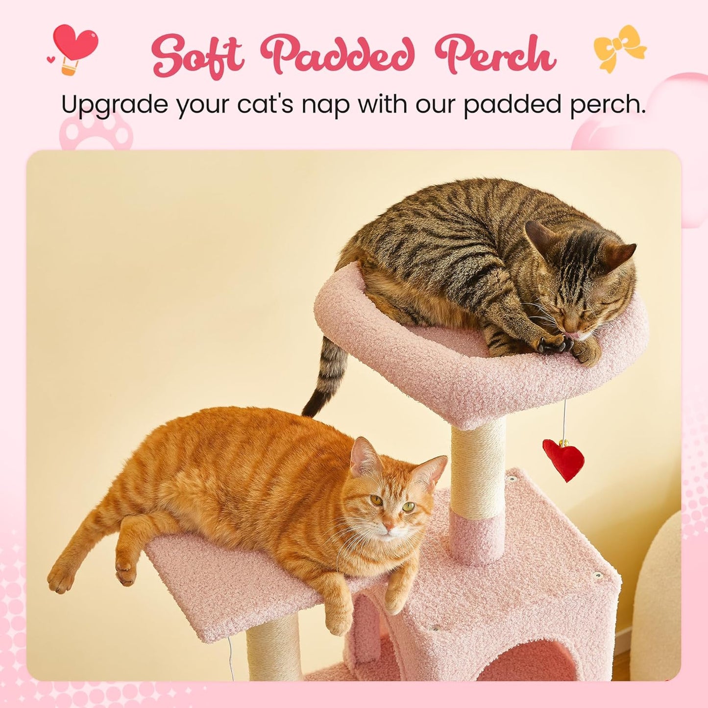 MWPO Cute Cat Tree, 63.8-Inch Pink Cat Tower for Indoor Cats, Multi-Level Cat Condo with 5 Scratching Posts, 2 Perches, Hammock, Dangling Toys