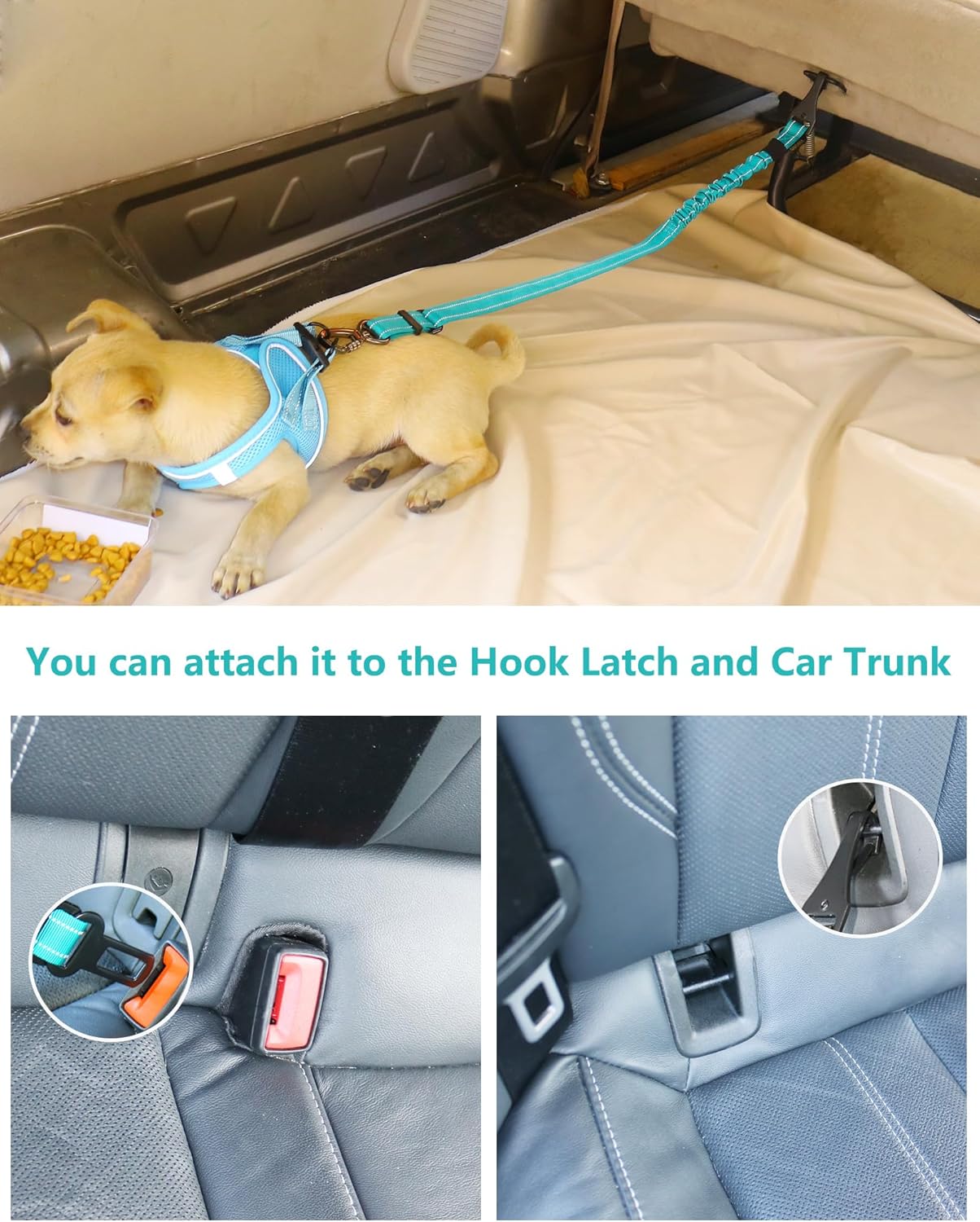 AUBELL Dog Seat Belt for Car,2 Pack Set 3-in-1 Adjustable Reflective Bungee Heavy Duty Dog Car Harness Tether with Clip Hook Latch & Buckle,Swivel Zinc Alloy Carabiner,Black+Teal