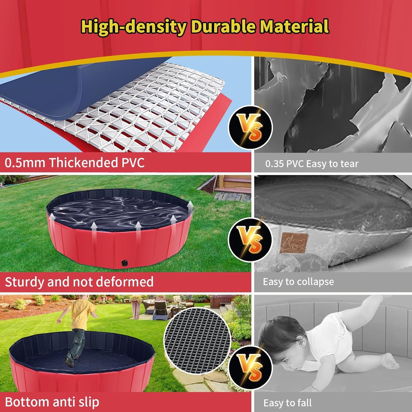 Foldable Dog Pool, 55" x 12" Kiddie Pool with Hard Plastic, Non-Slip Dog Bath Tub for Outdoor Backyard, Collapsible Dog Swimming Pool for Kids Dogs Pets (Red)