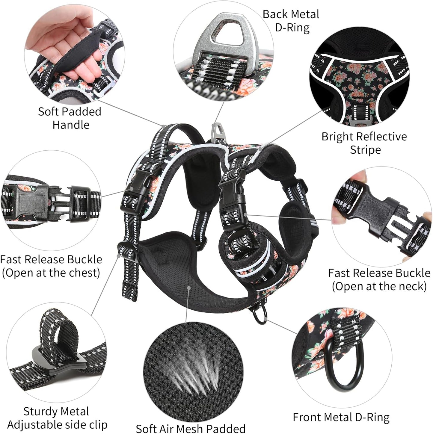 Timos Dog Harness, NO Need Go Over Dogs Head 3 Snap Buckles with 2 Leash Clips, Adjustable Soft Padded No-Pull Dog Harness, Reflective No-Choke Pet Oxford Vest for Small Medium Large Dogs