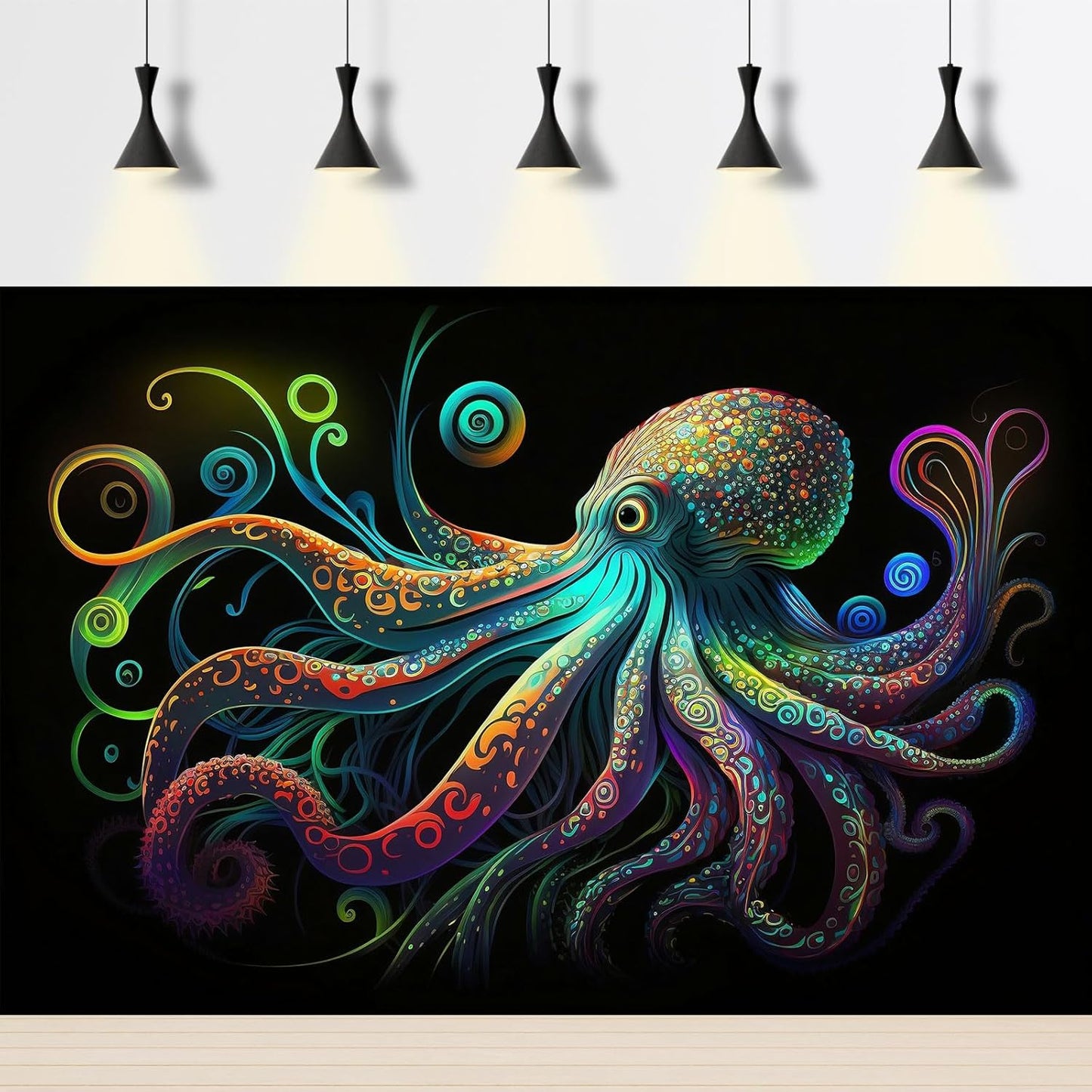 Octopus Aquarium Background Exquisite Colorful Octopus Terrarium Background Glowing Octopus on Black Background Fish Tank Backdrop Octopus Backdrops Poster Wallpaper Decorations Vinyl 36x18in