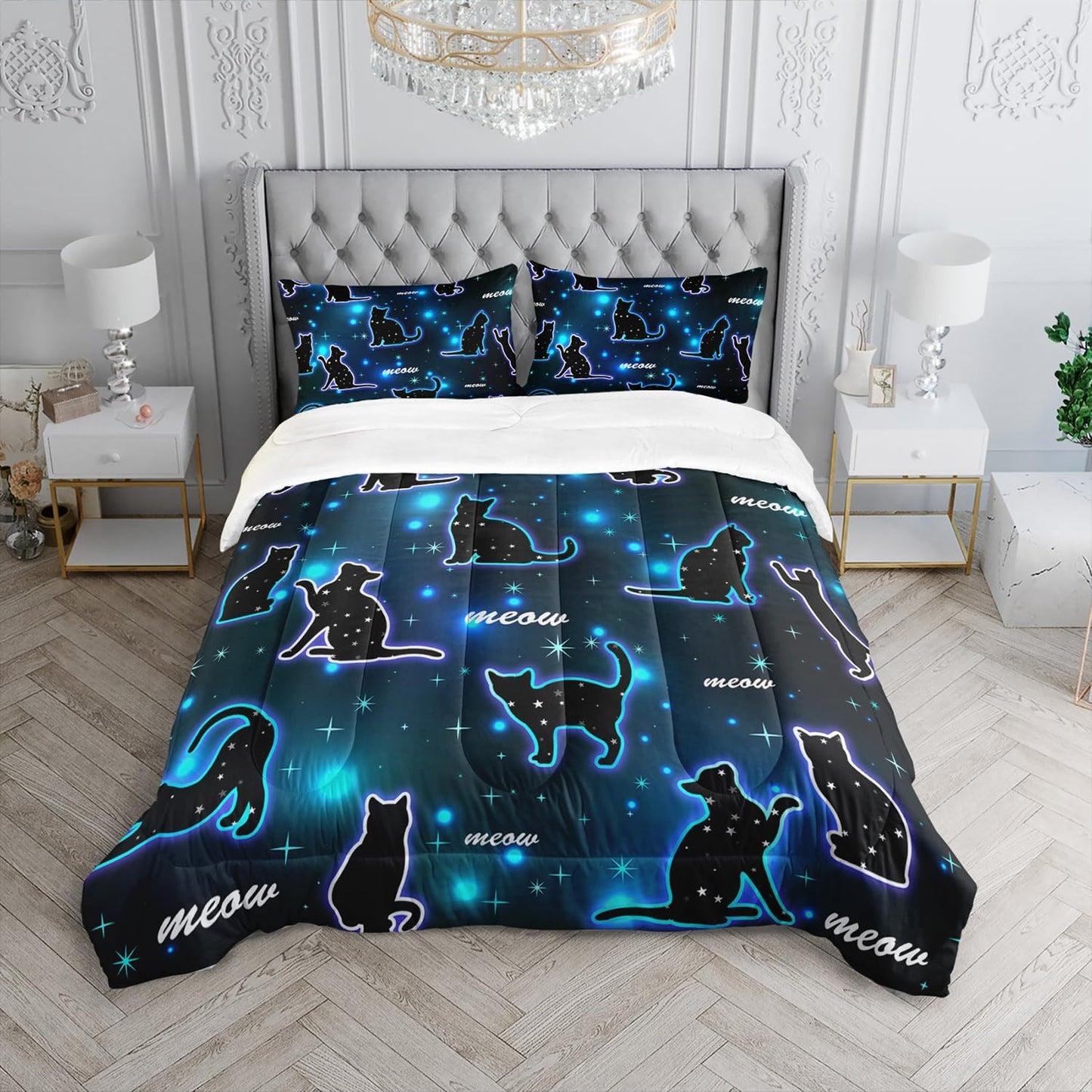 Kawaii Pet Cat Comforter 3Pcs Full Gradient Line Cute Kitten Animal Bedding Set for Kids Teens Girls Boys Cat Glitter Polka Dots Pattern Quilt Bed Decor with 1 Comforter and 2 Pillowcases