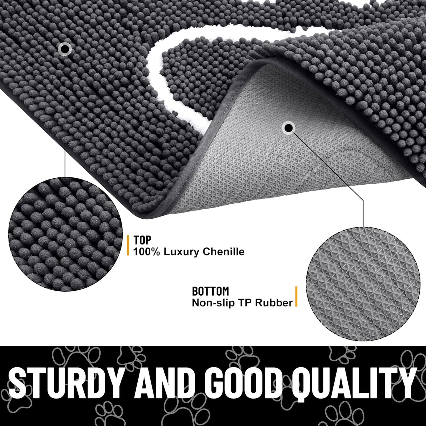 Smiry Dog Door Mat for Muddy Paws, Absorbent Dirt Trapper Non Slip Quick Dry Washable Chenille Mat for Mud Dogs, Entry Rug for Indoor and Outdoor (47x24 Inches, Dark Grey and White)