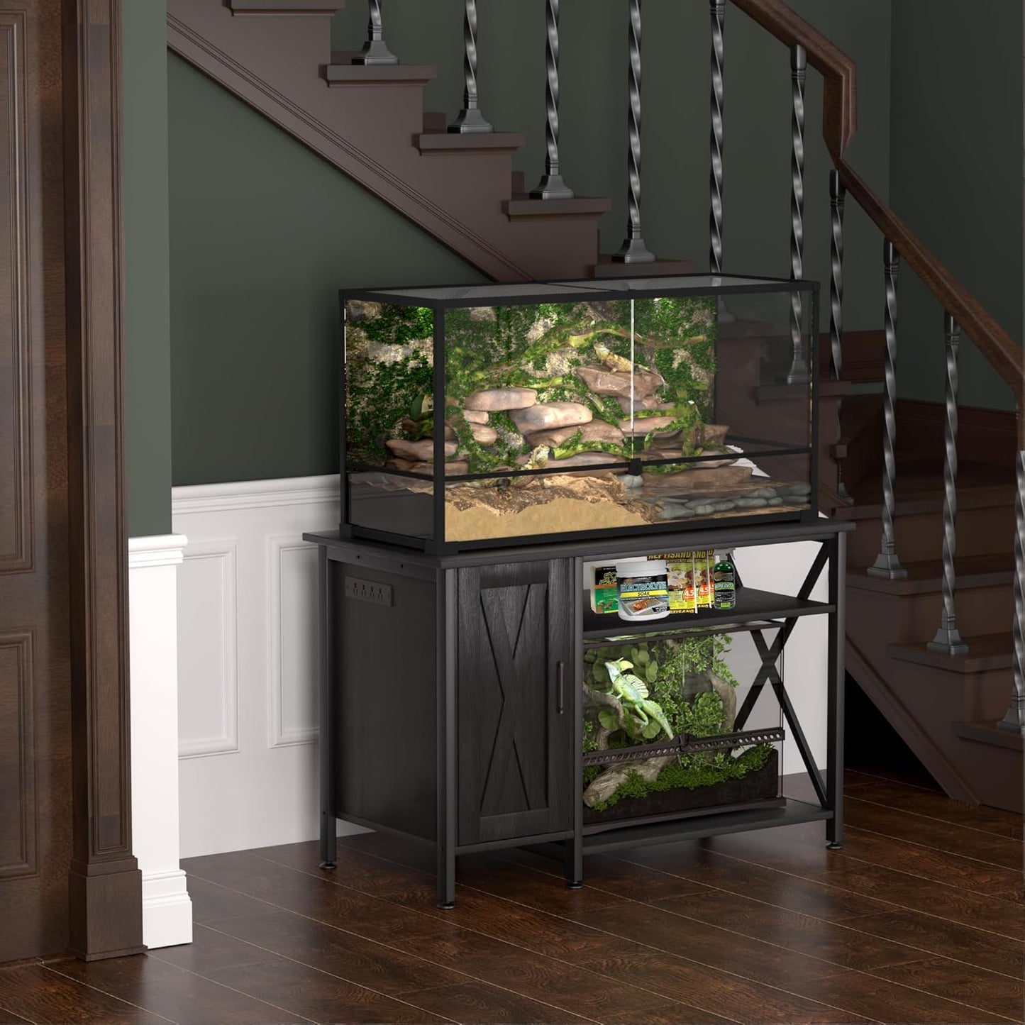 40-120 Gallon Reptile Tank Stand with Power Outlet, Terrarium Stand with Storage Cabinet, 48" X 24" Tabletop, Reptile Terrarium,Turtle Tank Black PG08XYB