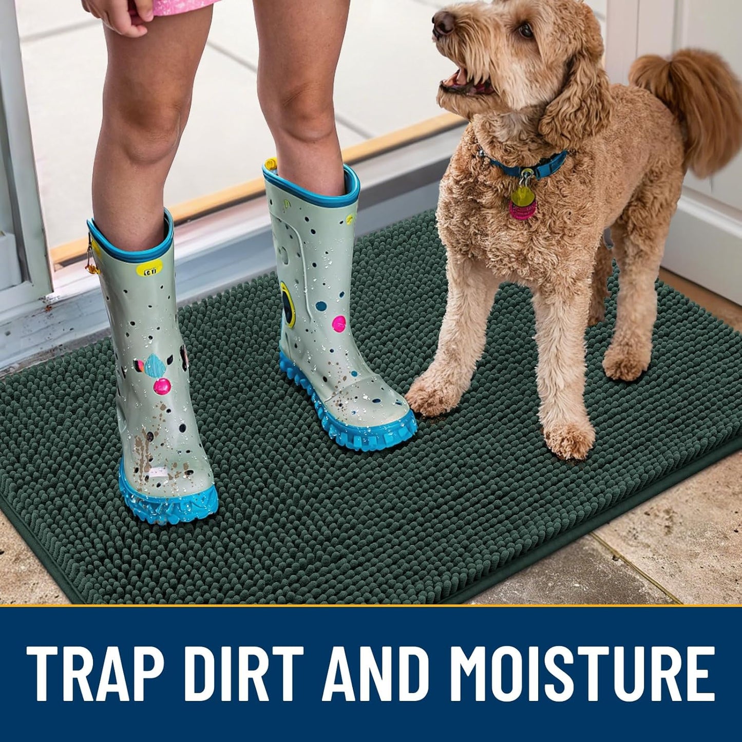 Smiry Dog Door Mat for Muddy Paws 40x32, Absorbs Moisture and Dirt Doormat, Non-Slip Washable Quick Dry Chenille Front Door Mat Indoor Entrance, Entryway Carpet for Inside Floor, Green