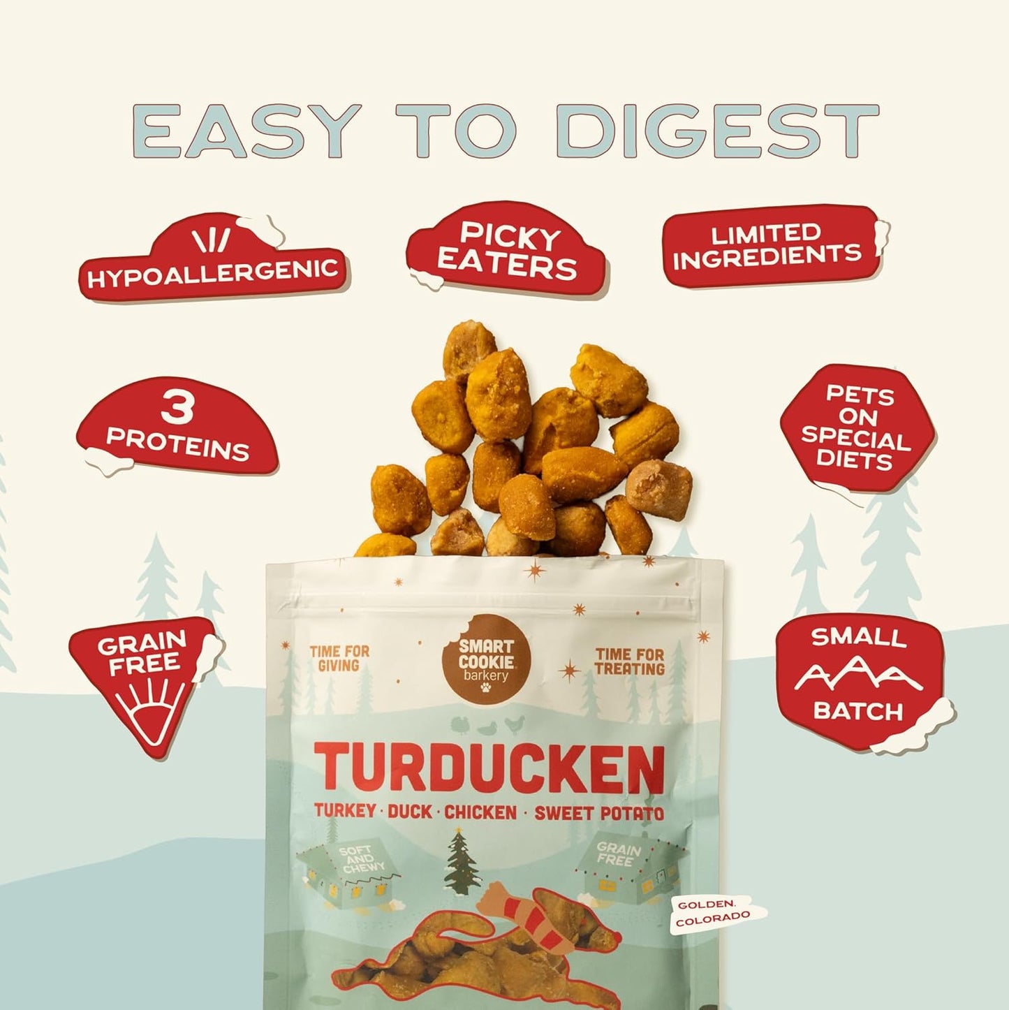 Smart Cookie Turducken Holiday Dog Treats - Turkey, Duck and Chicken Christmas Dog Treats - Healthy, All Natural, Grain Free, Human-Grade - Made in USA - 5oz