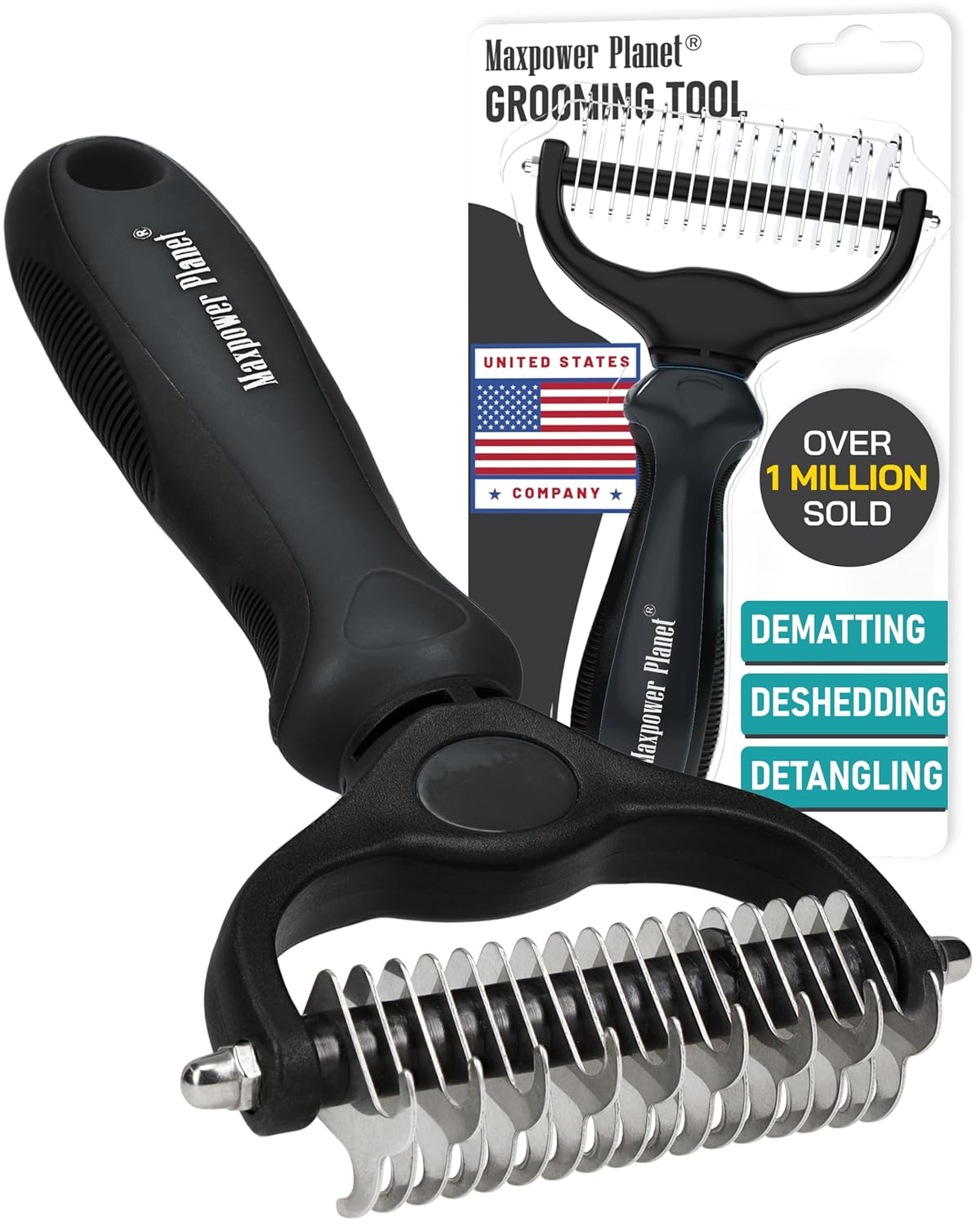 Maxpower Planet Hair Brush - Double Sided Shedding, Dematting Undercoat Rake for Dogs and Cats, Extra Wide Dog Grooming Brush, Reduce Shedding by 95%, Black