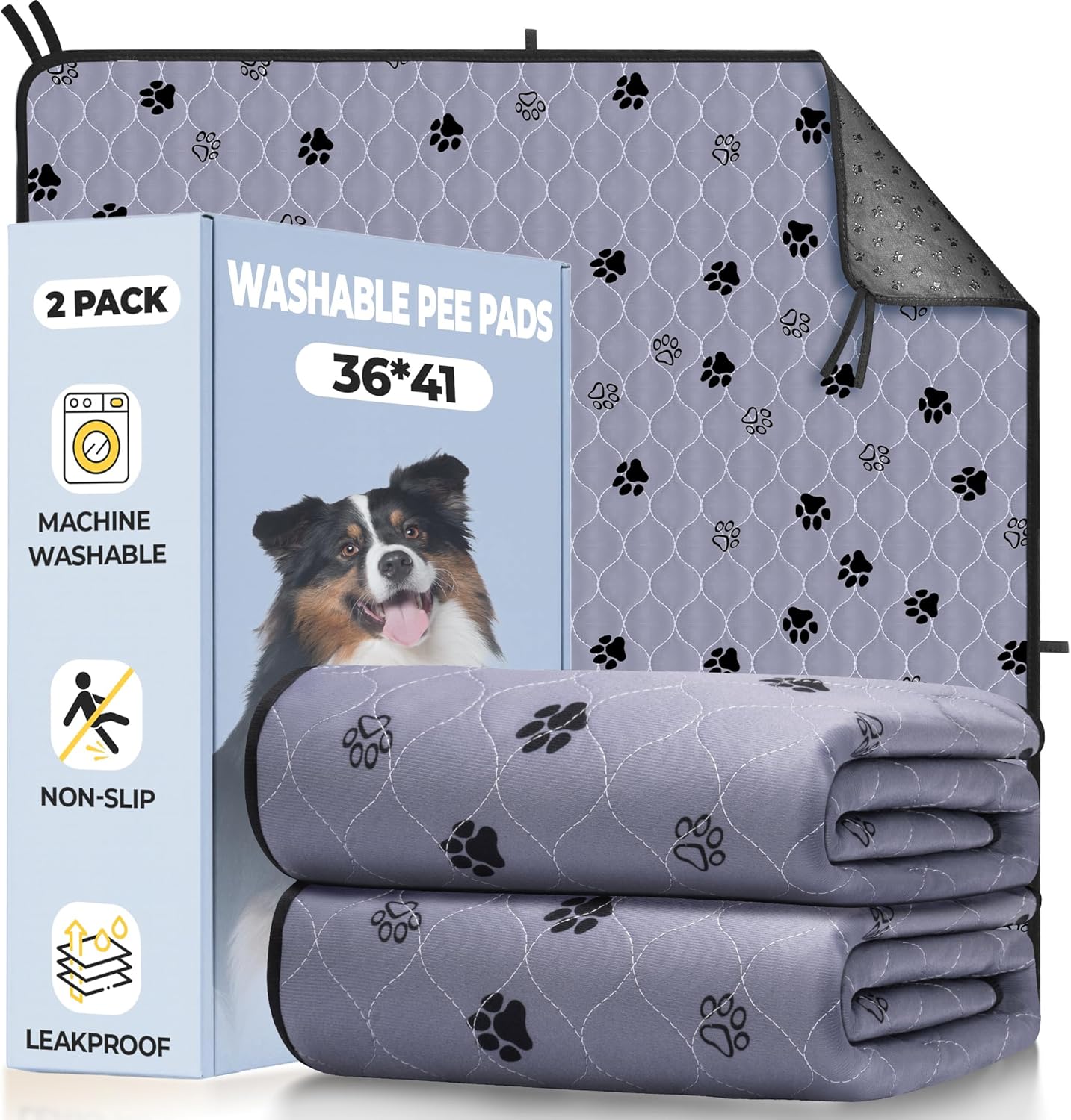 Fostanfly Washable Pee Pads for Dogs, 2 Pack Large 36"x41" Ultra-Absorbent and Leak-Proof Non-Slip Reusable Potty Training Pads for Dogs, Cats, Puppy, Potty Training of Add 8 Lanyards