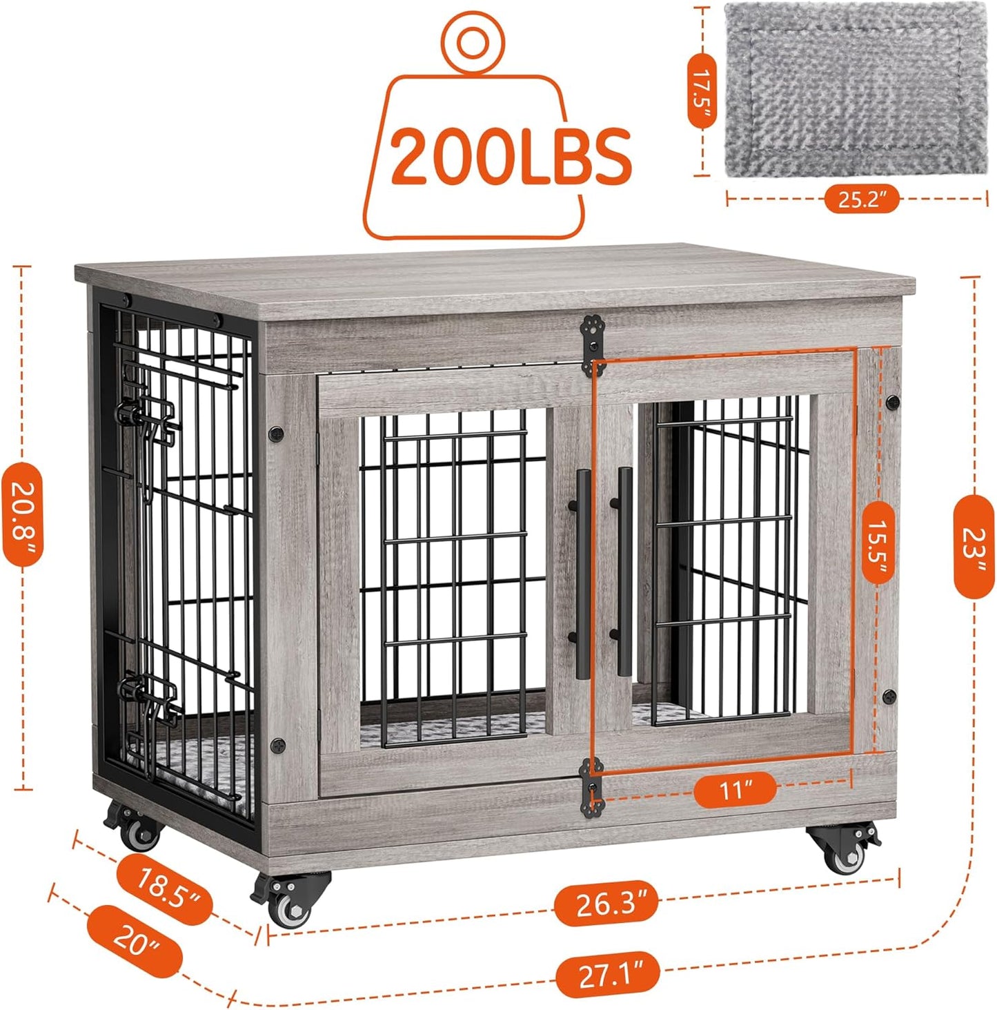 Lulive Small Dog Crate Furniture Set of 2, Dog Kennel Indoor Double Doors Wooden Dog Cage, 27'' Heavy Duty Dog Crate with Cushion & Wheels, End Table Pet House Chew-Resistant Up to 30 lb, Grey