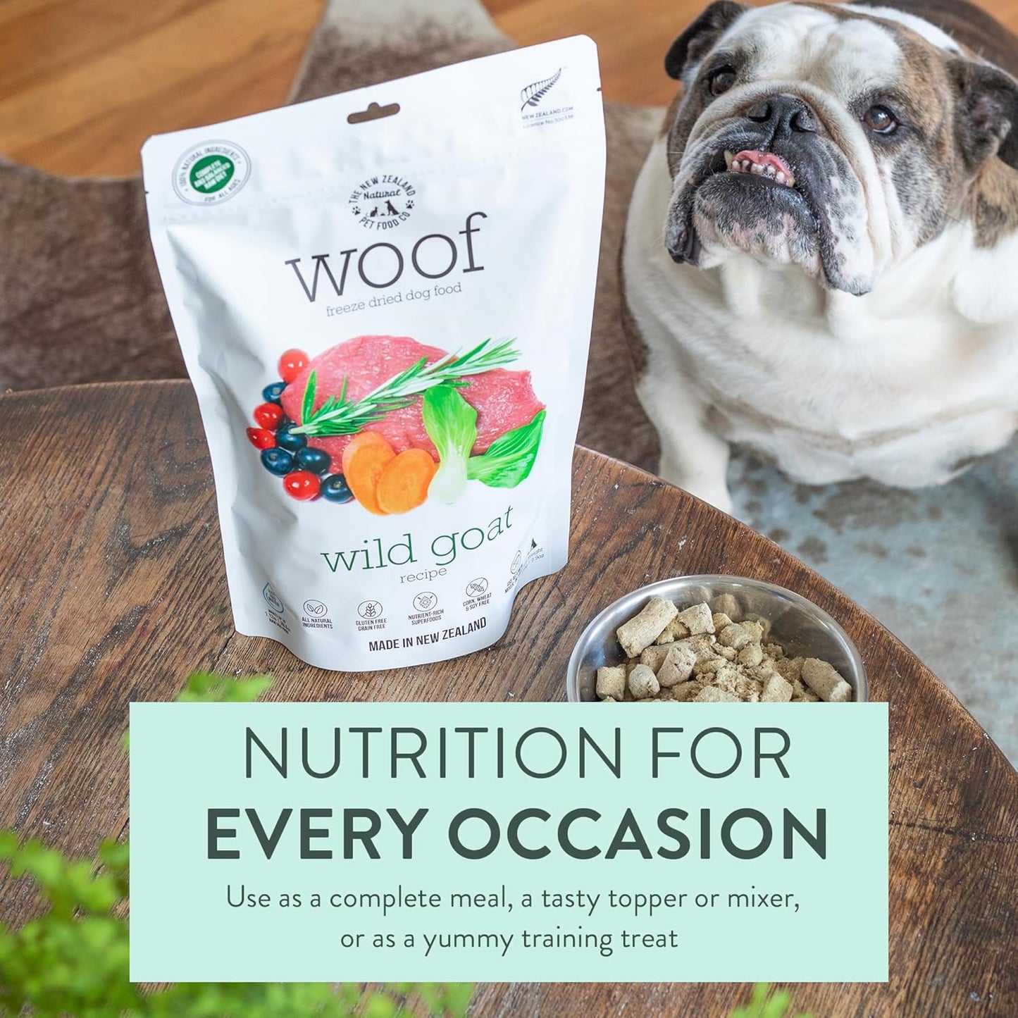WOOF Wild Goat Freeze Dried Raw Dog Food, Mixer, or Topper, or Treat - High Protein, Natural, Limited Ingredient Recipe 9.9oz