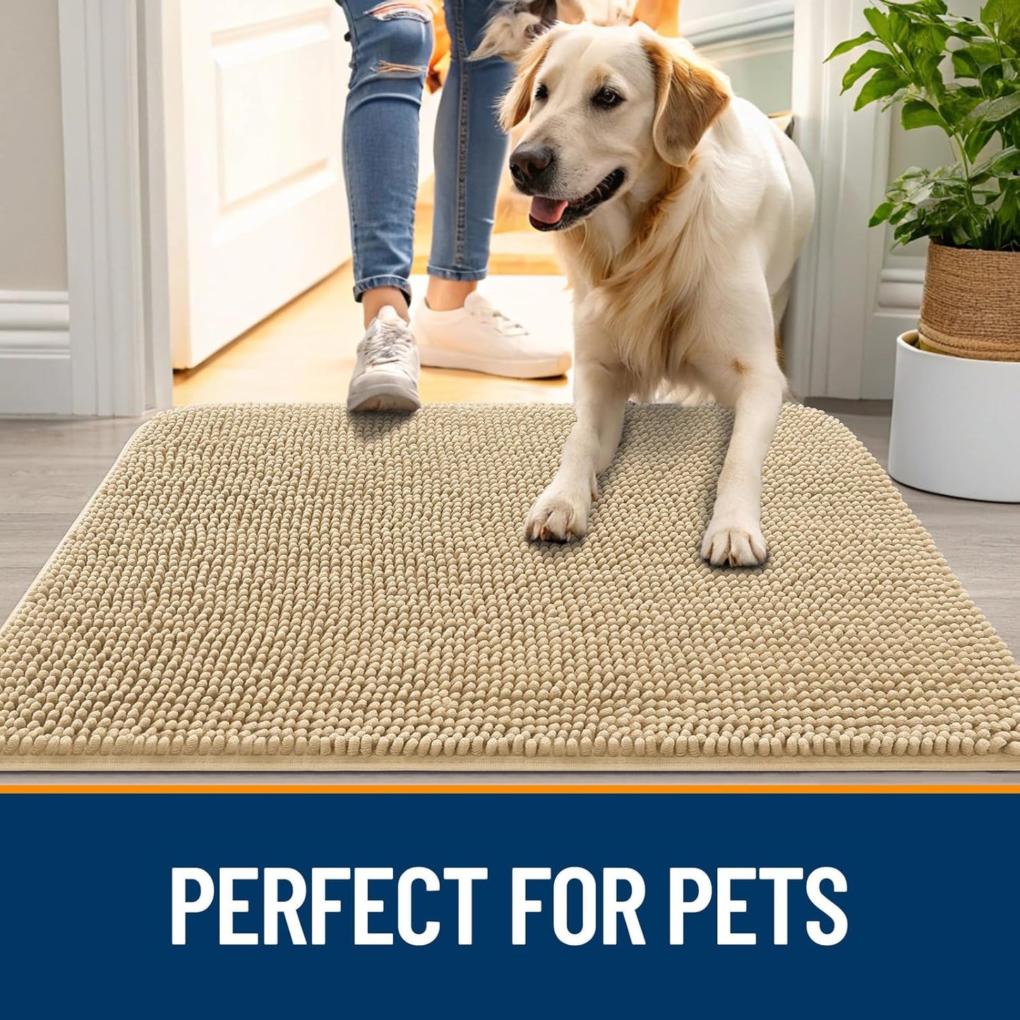 OLANLY Dog Door Mat for Muddy Paws 54x24, Absorbs Moisture and Dirt, Absorbent Non-Slip Washable Doormat, Quick Dry Chenille Mud Mat for Dogs, Entry Indoor Entryway Carpet for Inside Floor, Beige