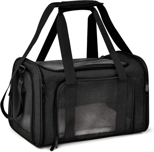 Large Soft Sided Cat and Pet Carrier for Cats and Puppies up to 25Lbs - Collapsible, Waterproof Travel Carrier - Black
