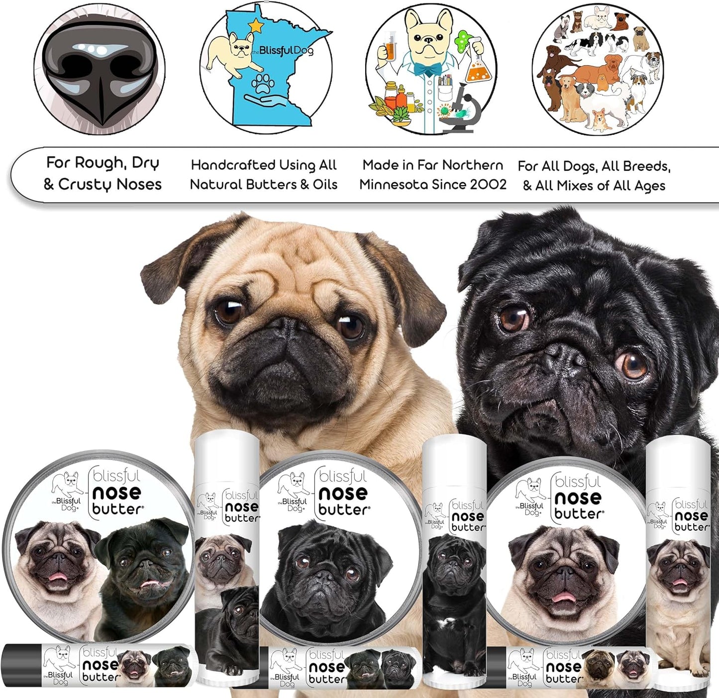 The Blissful Dog Pug Duo Unscented Nose Butter - Dog Nose Butter, 0.50 Ounce