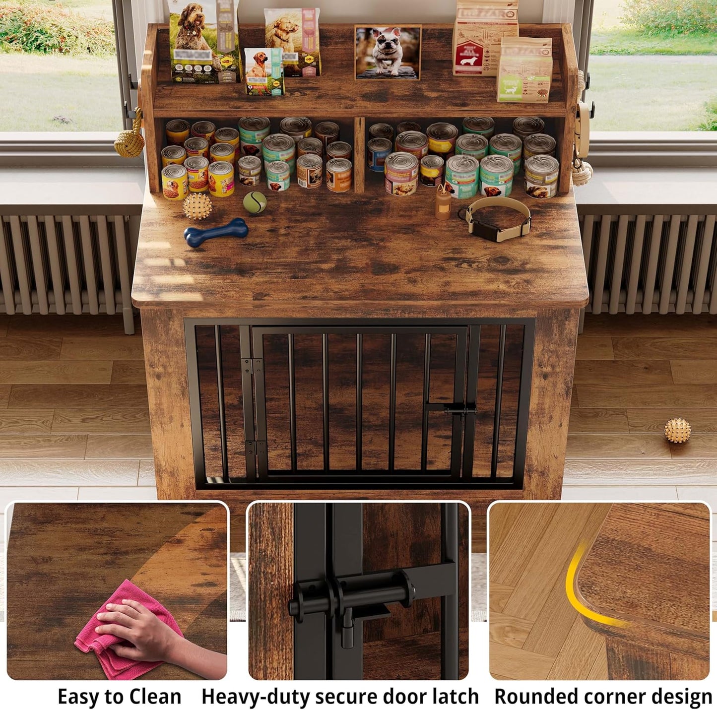 IRONCK Dog Crate Furniture, 33.4 inches Wooden Small Dog Crate with Storage and 4 Hooks, Heavy Duty Pet Crate for Small Dog, Decorative Pet Cage for Indoor (22" L x 33.4" W x 37.4" H)
