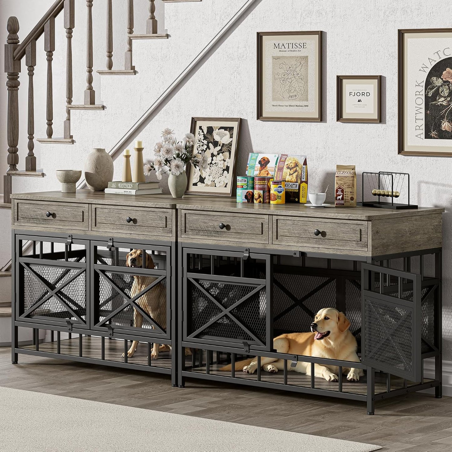 IRONCK 44 inch Large Dog Crate Furniture, Wooden Dog Kennel with Storage Drawers for Medium/Large Dogs, Decorative Dogs Kennel Indoor, Light Ivory