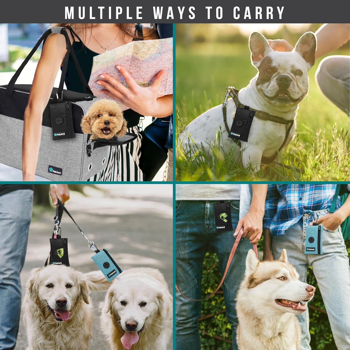 PetAmi Dog Poop Bag Holder for Leash, Dog Poop Bag Dispenser with Clip, Dog Waste Bag Holder for Pet, Dog Treat Pouch, Doggy Walking Camping Accessories with Trash Bag Roll, Black 1 Pack