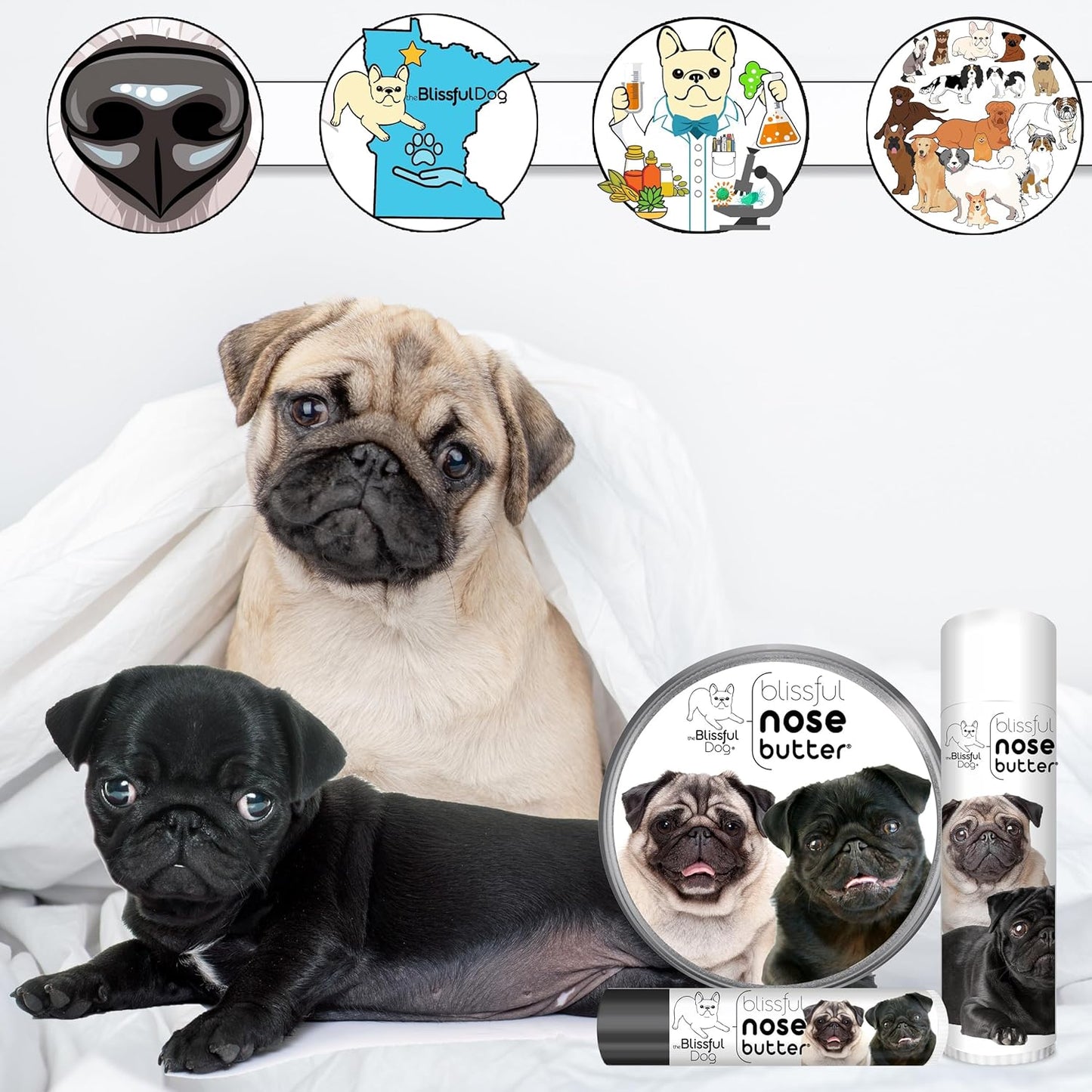The Blissful Dog Pug Duo Nose Butter for Dry, Cracked Skin, Lick-Safe Dog Nose Balm with Moisturizing Shea Butter, Almond, Olive, and Essential Oils, Pet Supplies, Uncented, 8 oz.