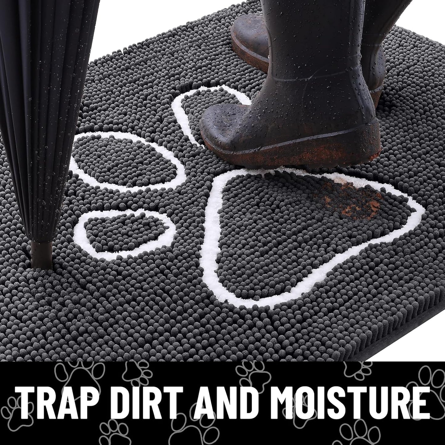 Smiry Dog Door Mat for Muddy Paws, Absorbent Dirt Trapper Non Slip Quick Dry Washable Chenille Mat for Mud Dogs, Entry Rug for Indoor and Outdoor (24x16 Inches, Dark Grey and White)