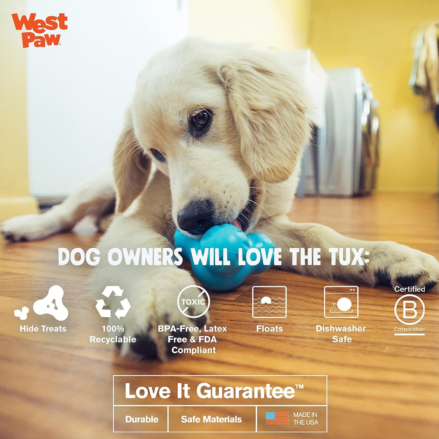 West Paw Zogoflex Tux Interactive Treat Dispensing Dog Chew Toy for Aggressive Chewers, 100% Guaranteed Tough, It Floats!, Made in USA, Small, Tangerine