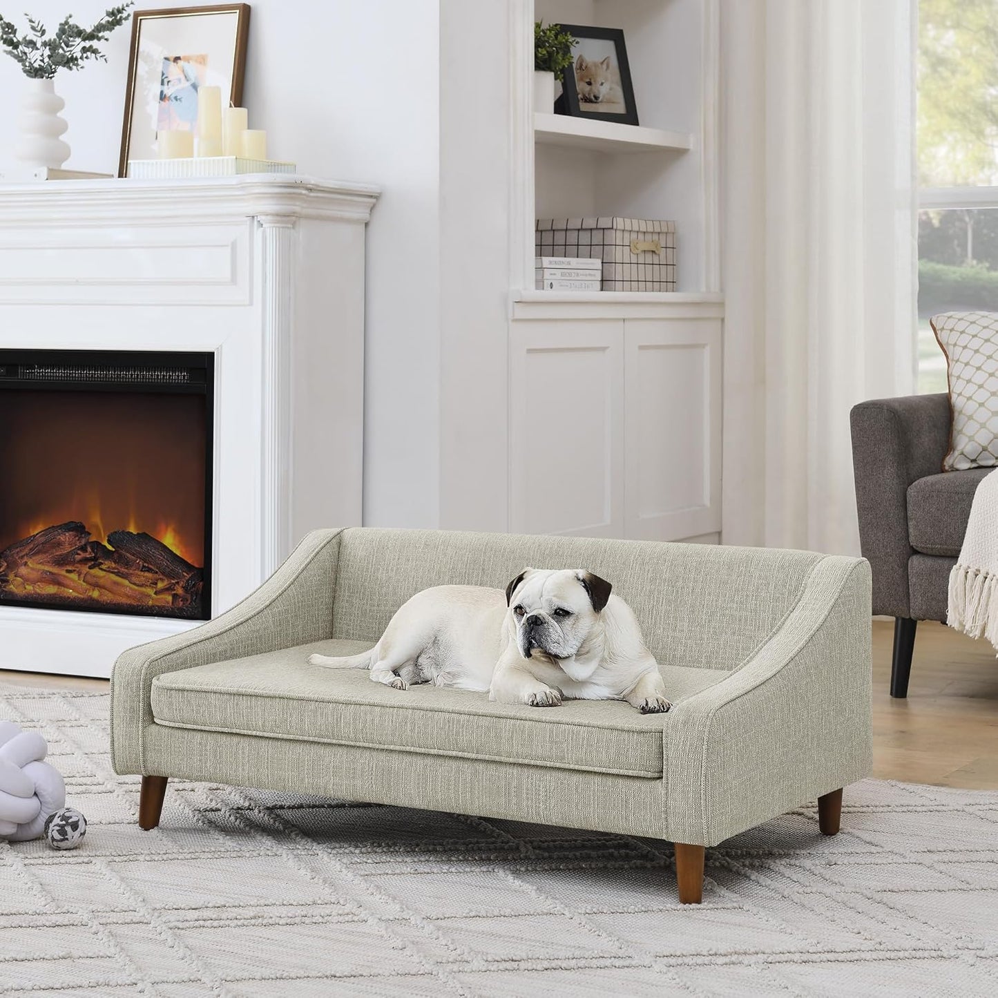 Dog Sofa Couch for Medium to Large Dogs, Durable Pet Sofa with Washable Fabric, Elevated Mini Dog Bed with Wooden Legs for Medium and Large Dogs, Beige