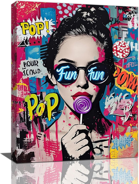 Fashion Women Wall Art Glam Modern Artwork for Girls Banksy Street Graffiti Pop Art Canvas Pictures Painting Print Framed Decorations Gifts for Bedroom Living Room Office 12"x16"